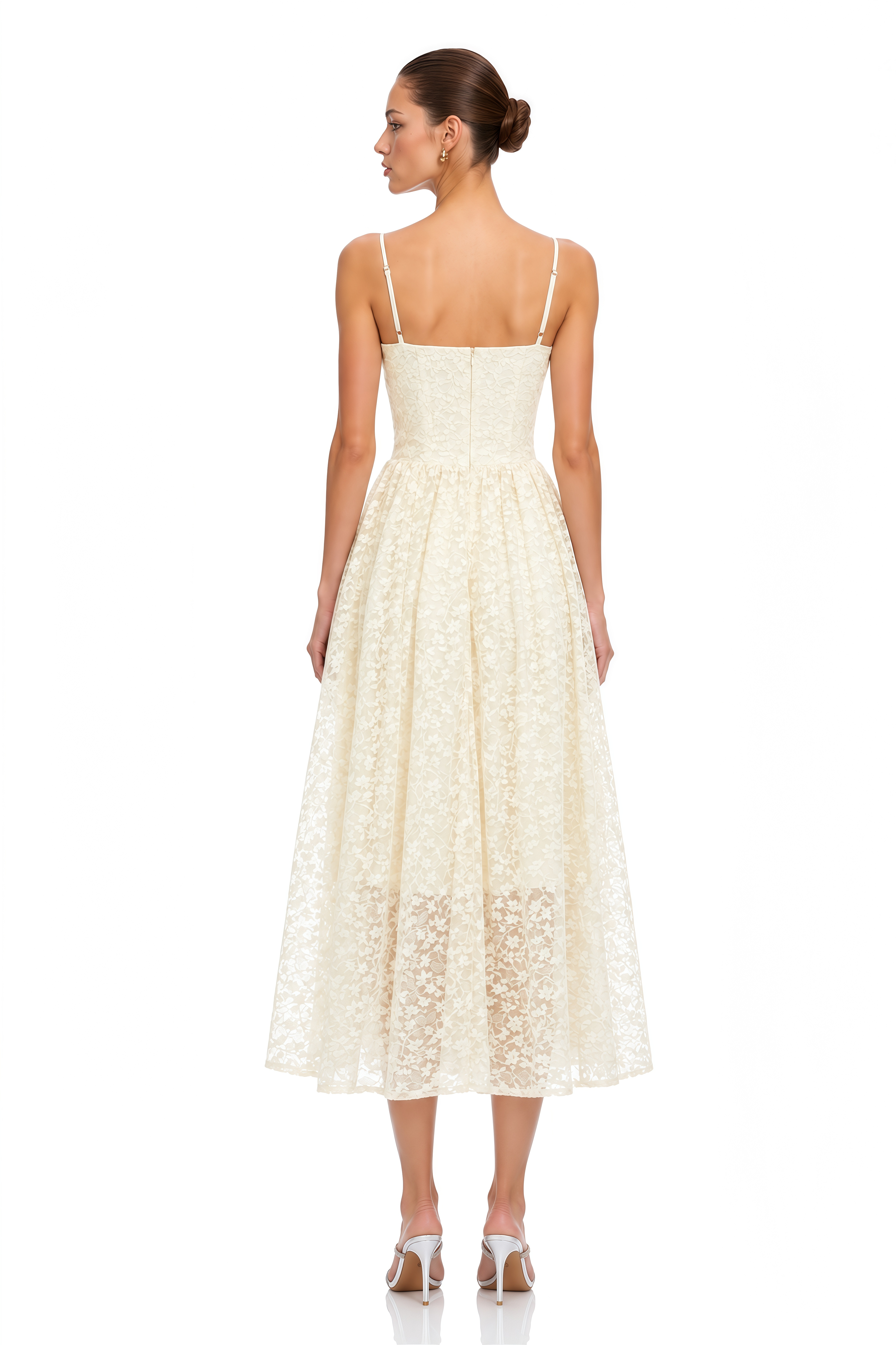 Ihaka Cream Sweetheart Lace Pleated Midi Dress