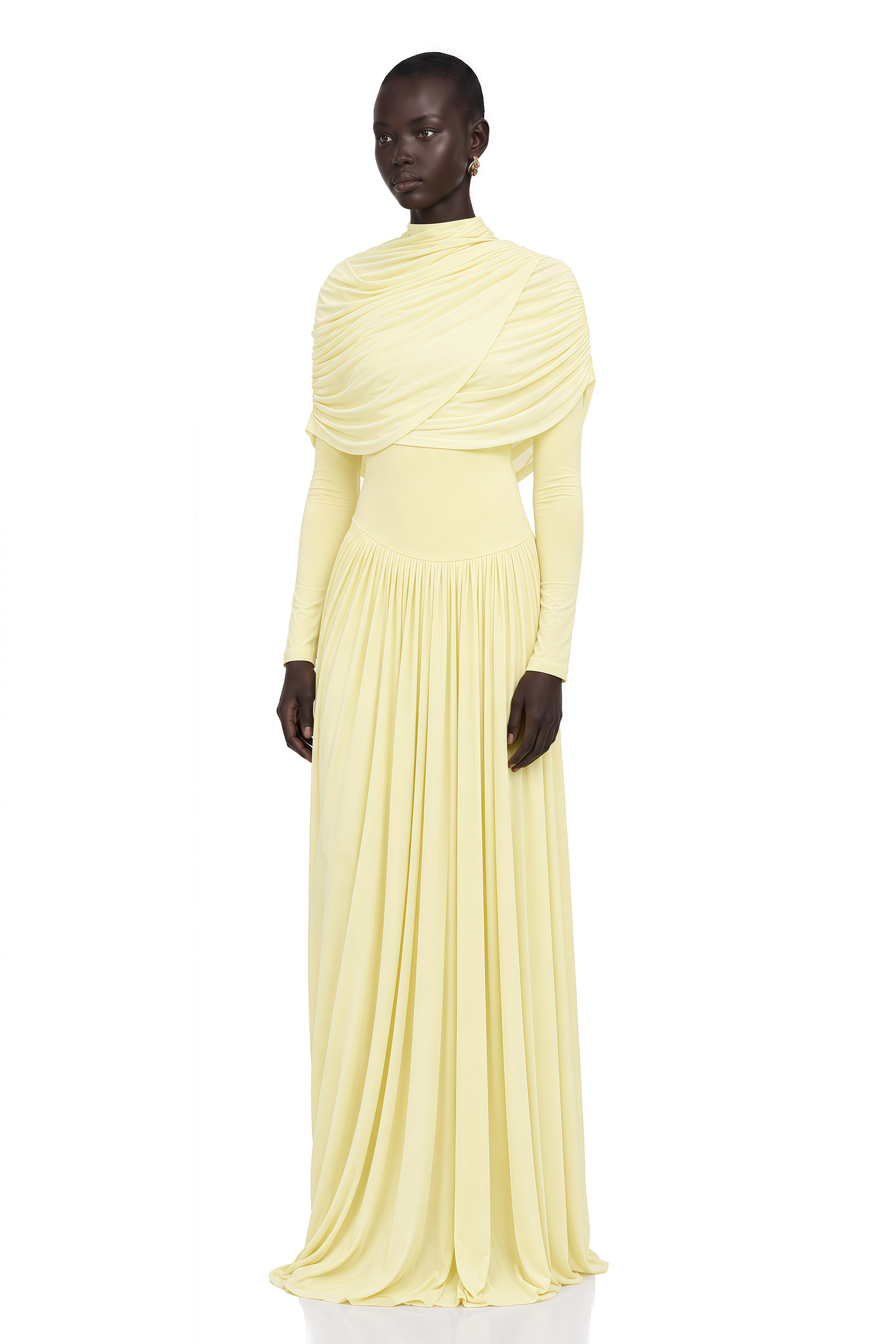 Catherine Yellow Asymmetrical Pleated Long-Sleeve Maxi Dress