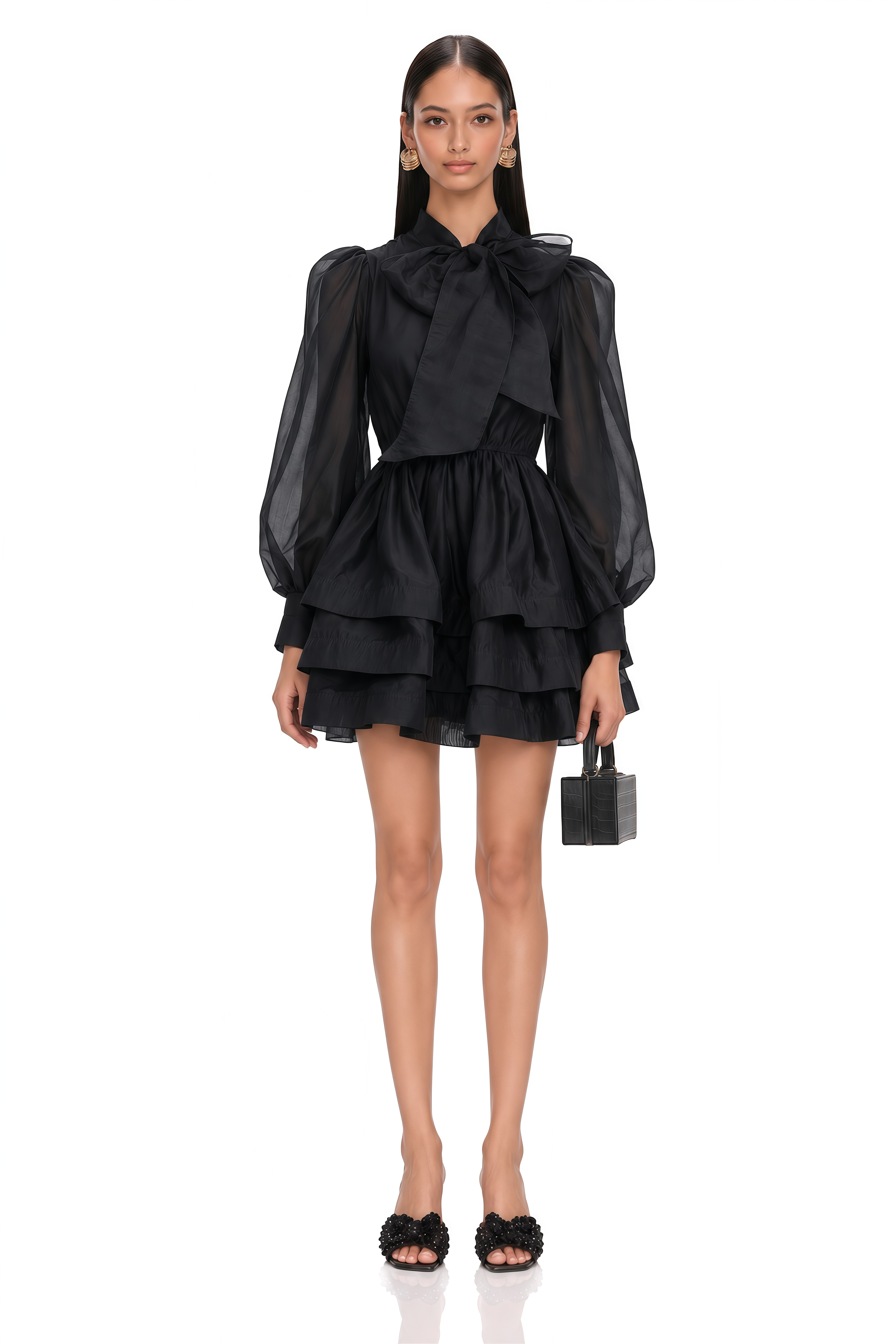 Élodie Tiered Flared Mini Dress in Black