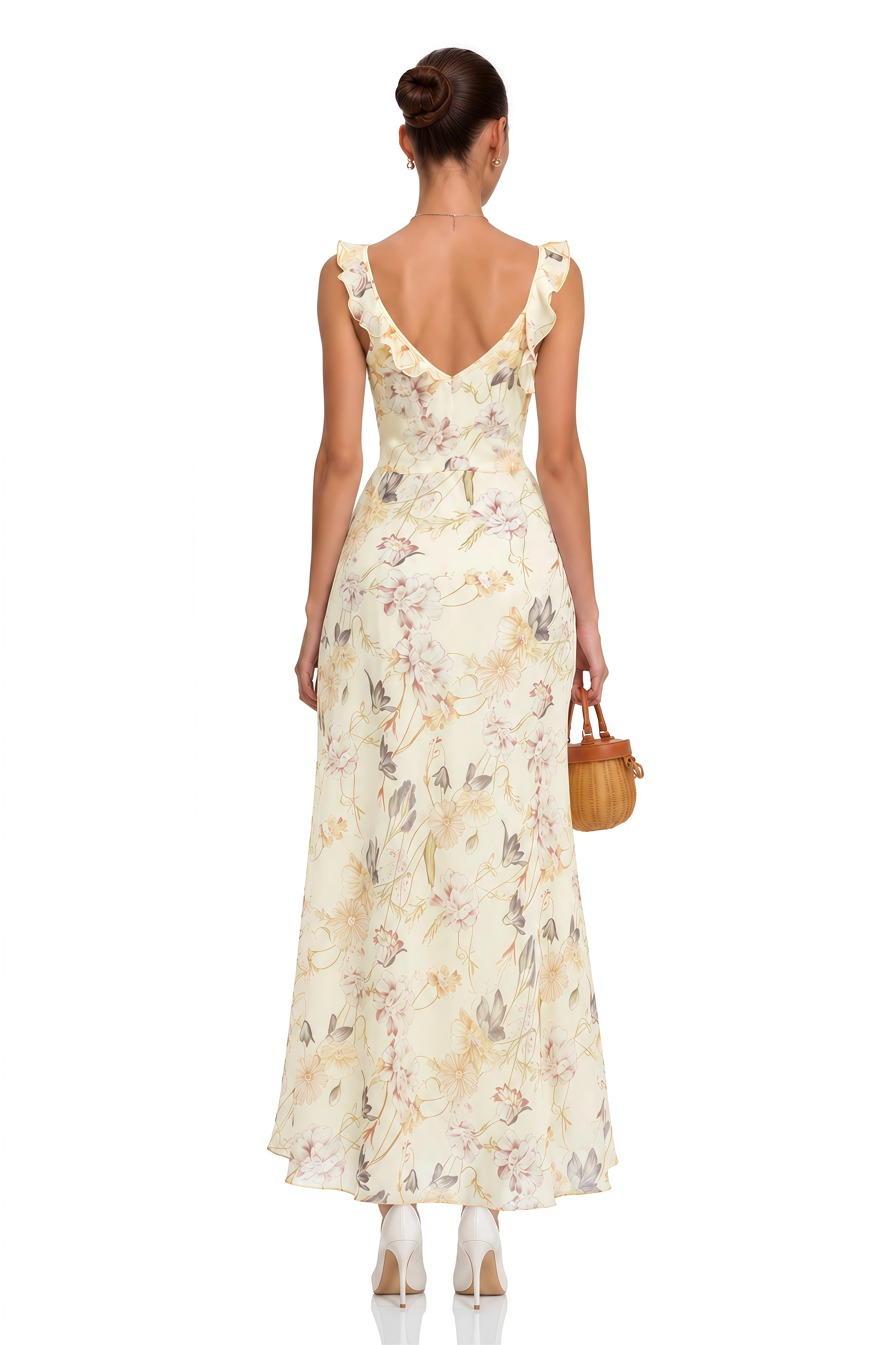 Teresa Cream Floral Print Midi Dress with Lace Panels