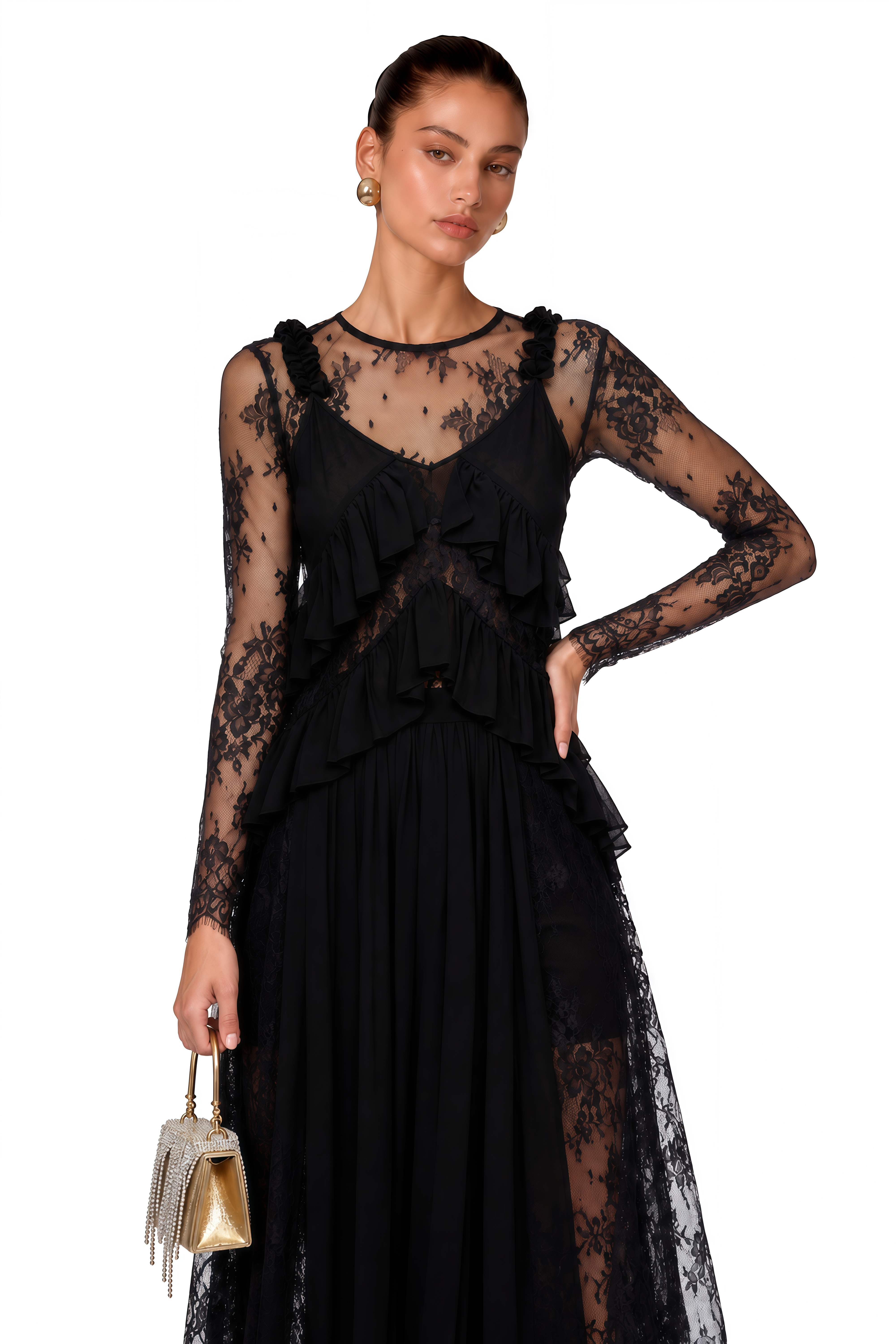 Vivian Black Sheer Lace Long Sleeves Ruffled Maxi Dress