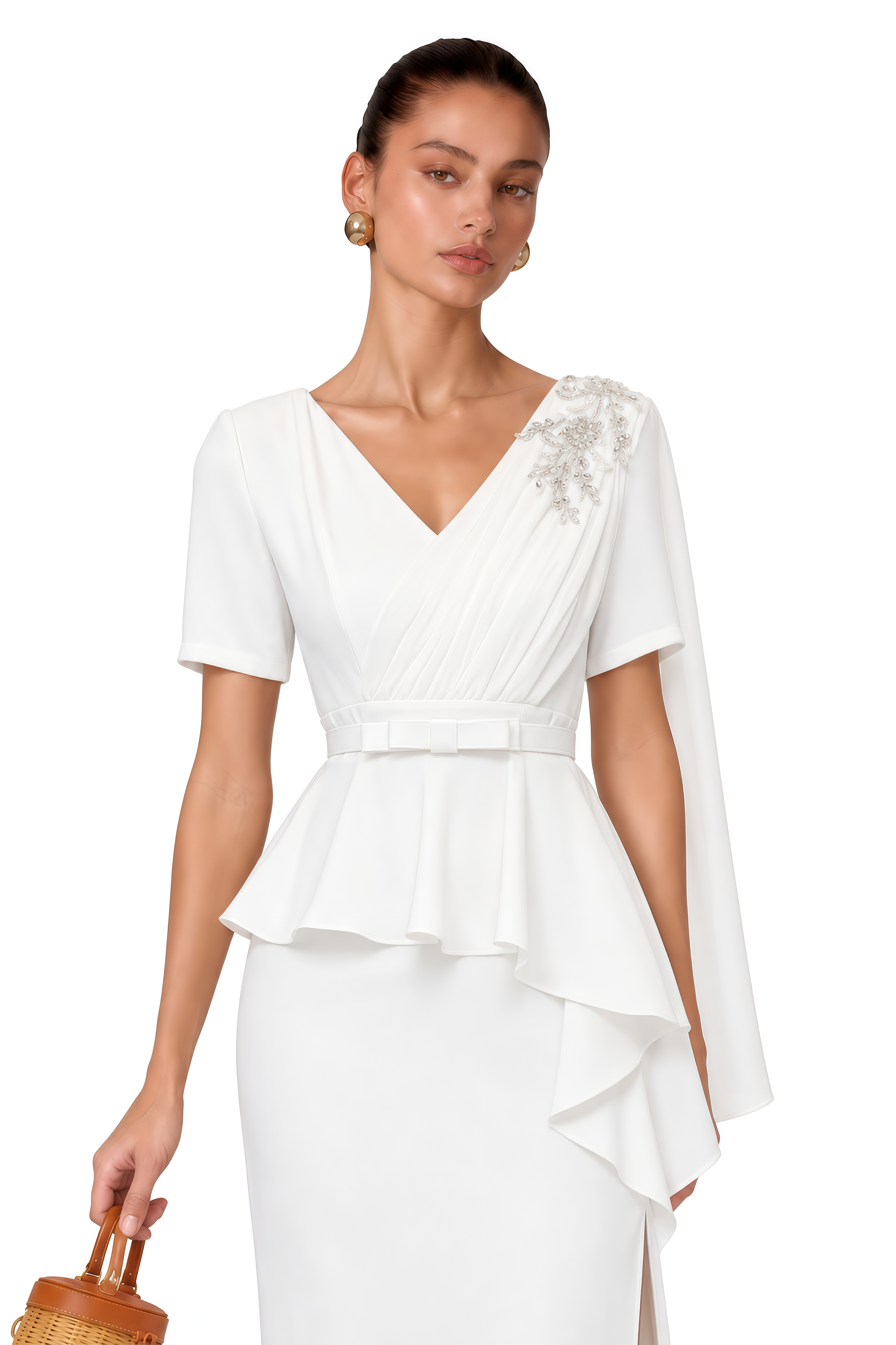 Garance White Belted Midi Dress with Cape Sleeves
