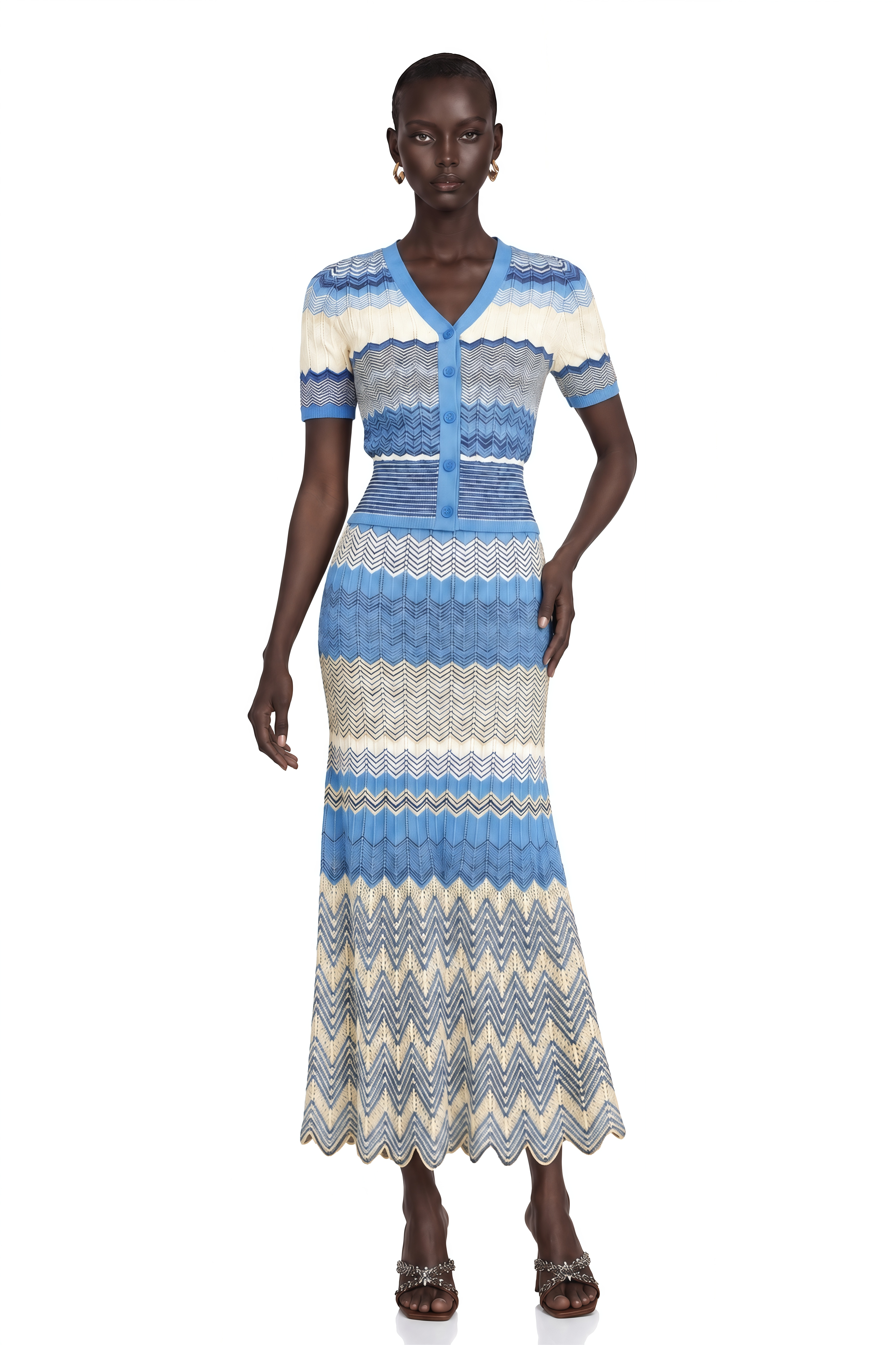 Daniela Blue Zigzag-Design Knit Top & Skirt Matching Set
