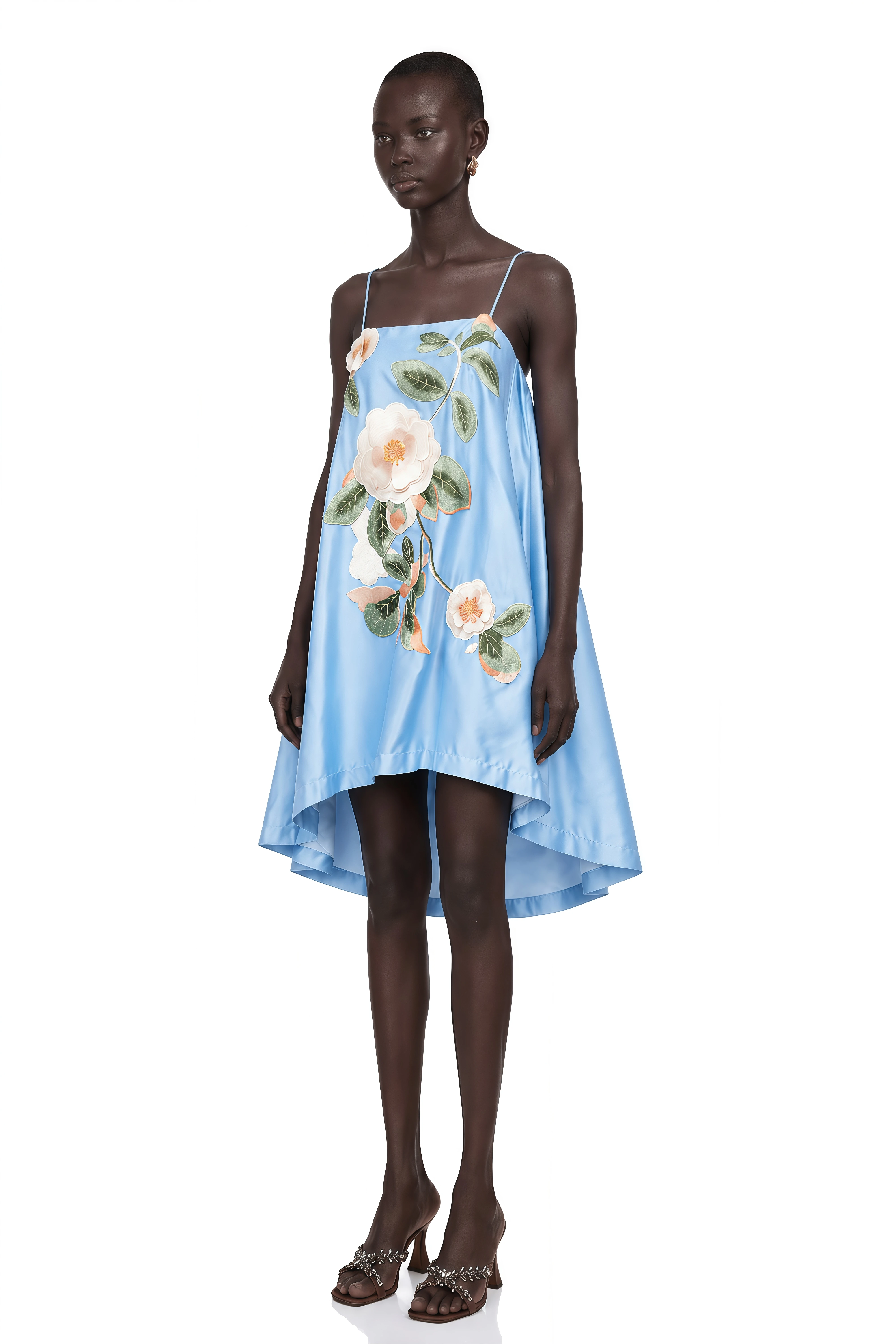 Avril Blue Floral Embroidered Satin Mini Dress