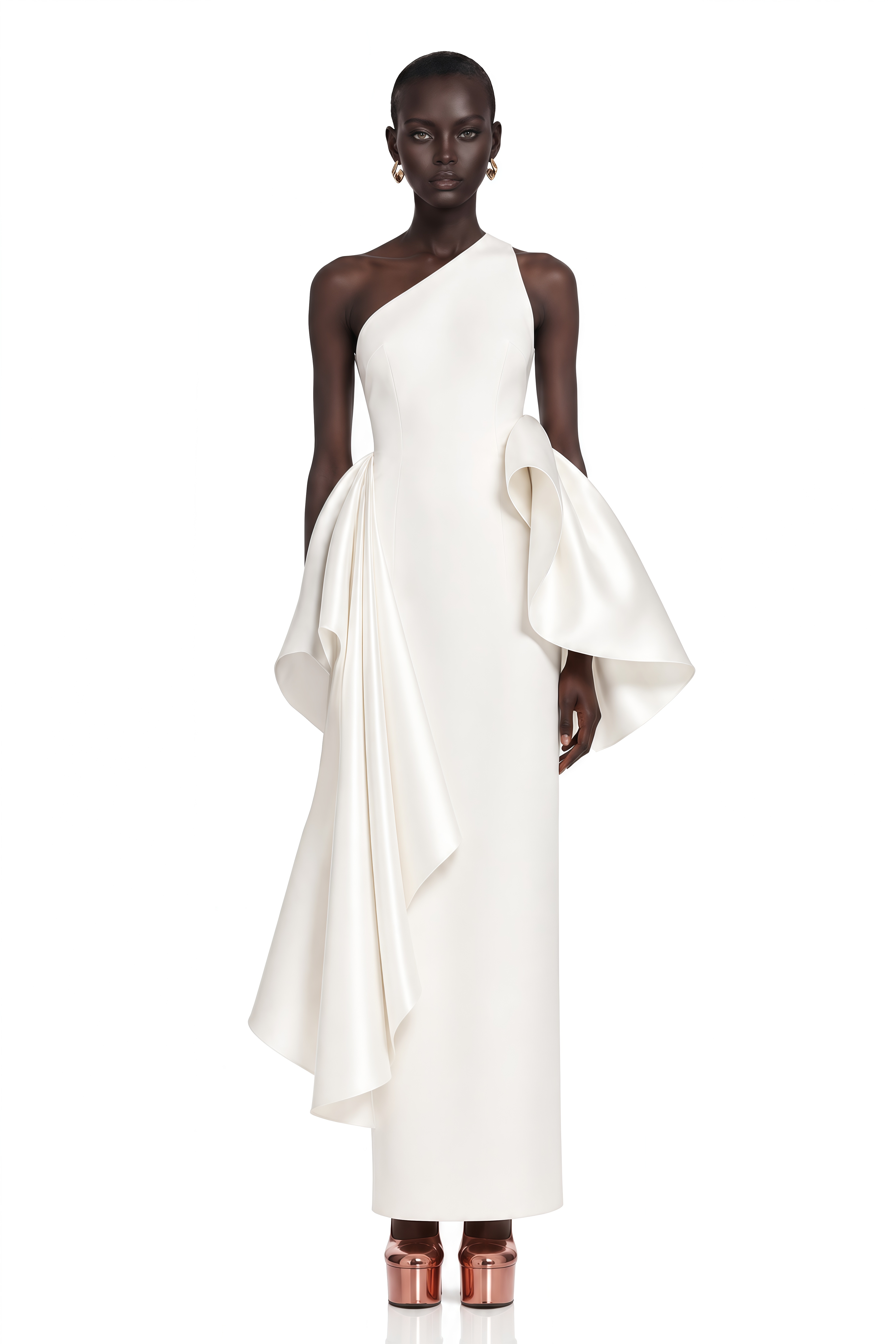 Arya Ivory One Shoulder Sculptural Draped Maxi Dress