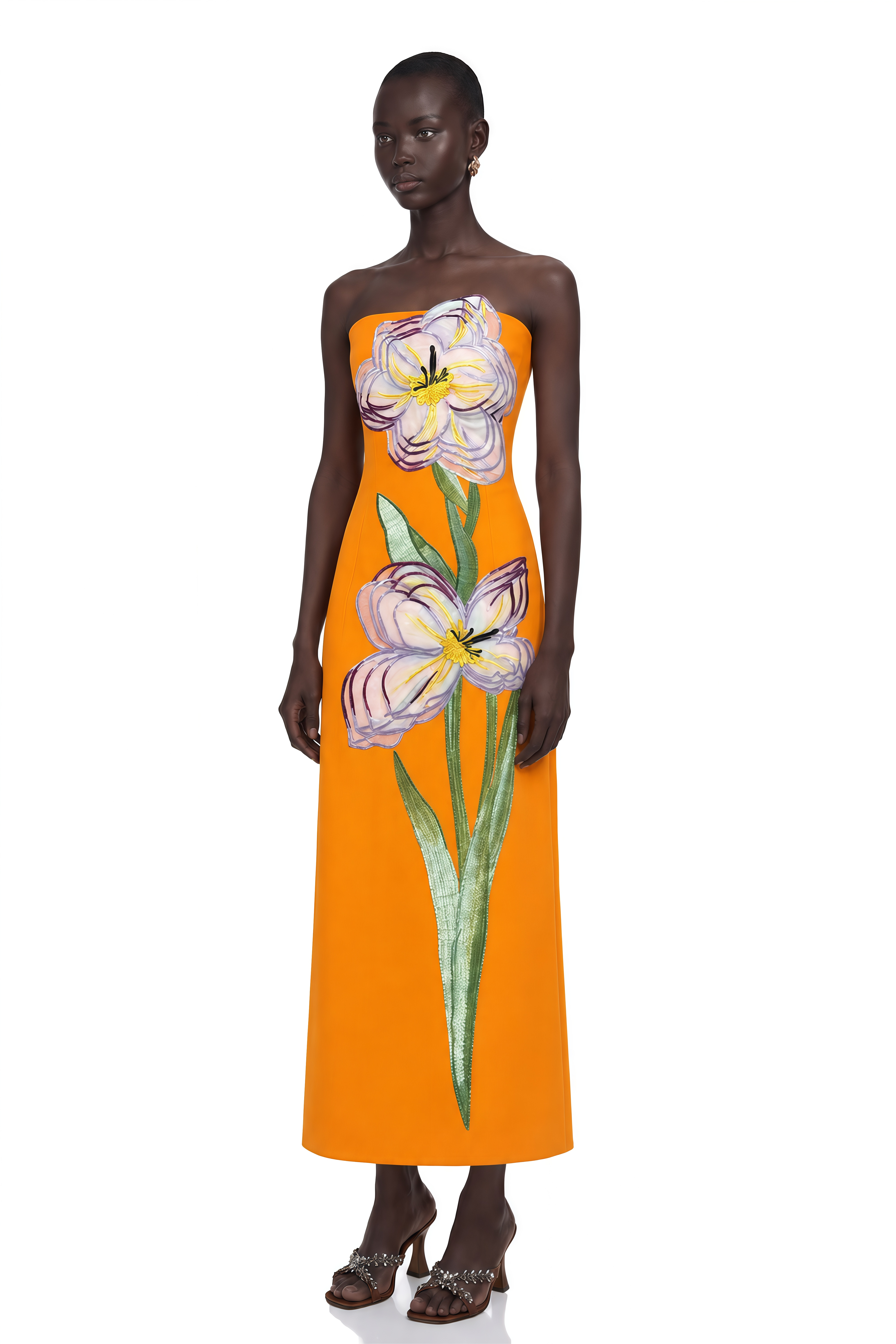 Irène Sequin Embroidered Off-Shoulder Midi Dress in Orange