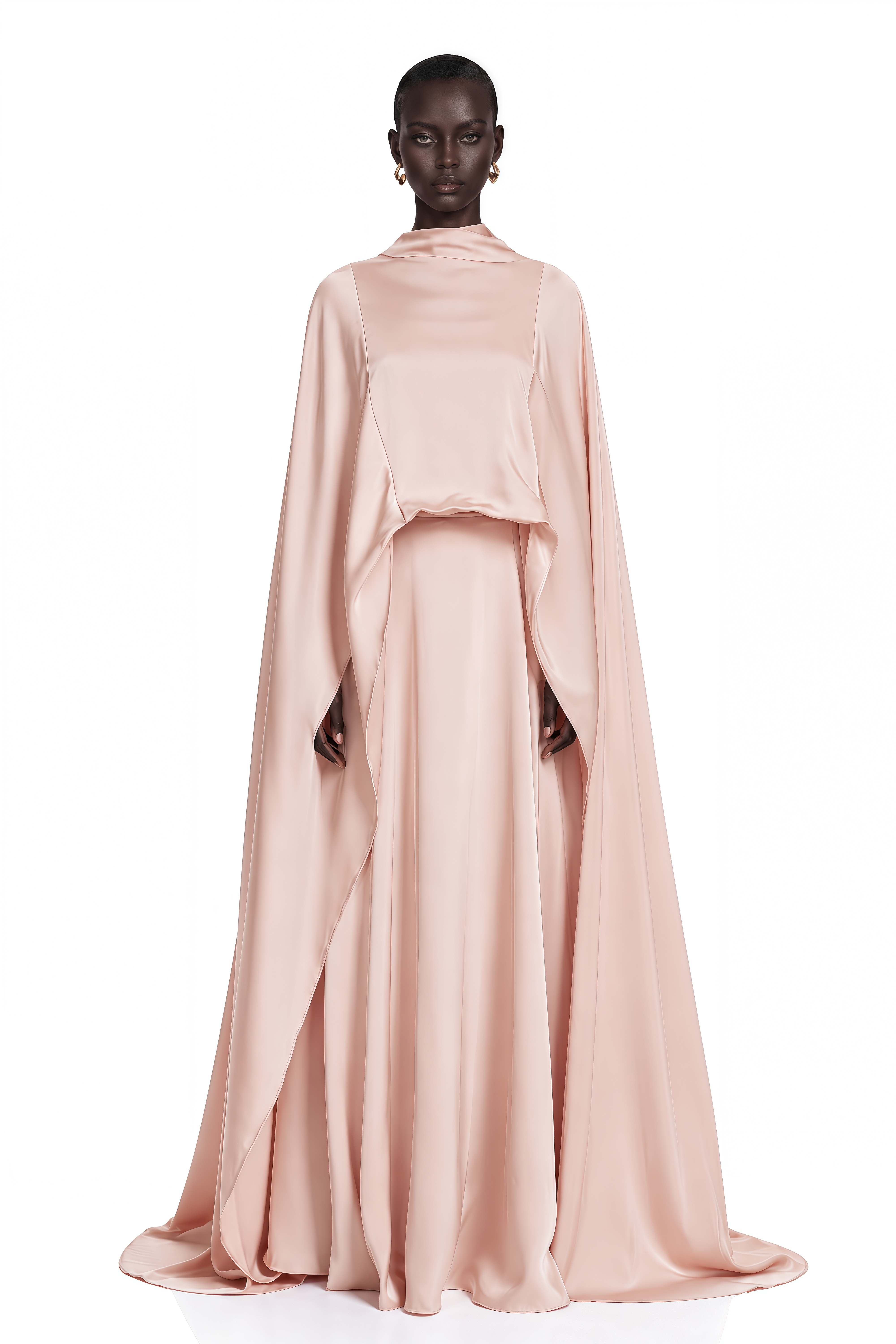 Everleigh Champagne Satin Top & Skirt Set With Cape Detail