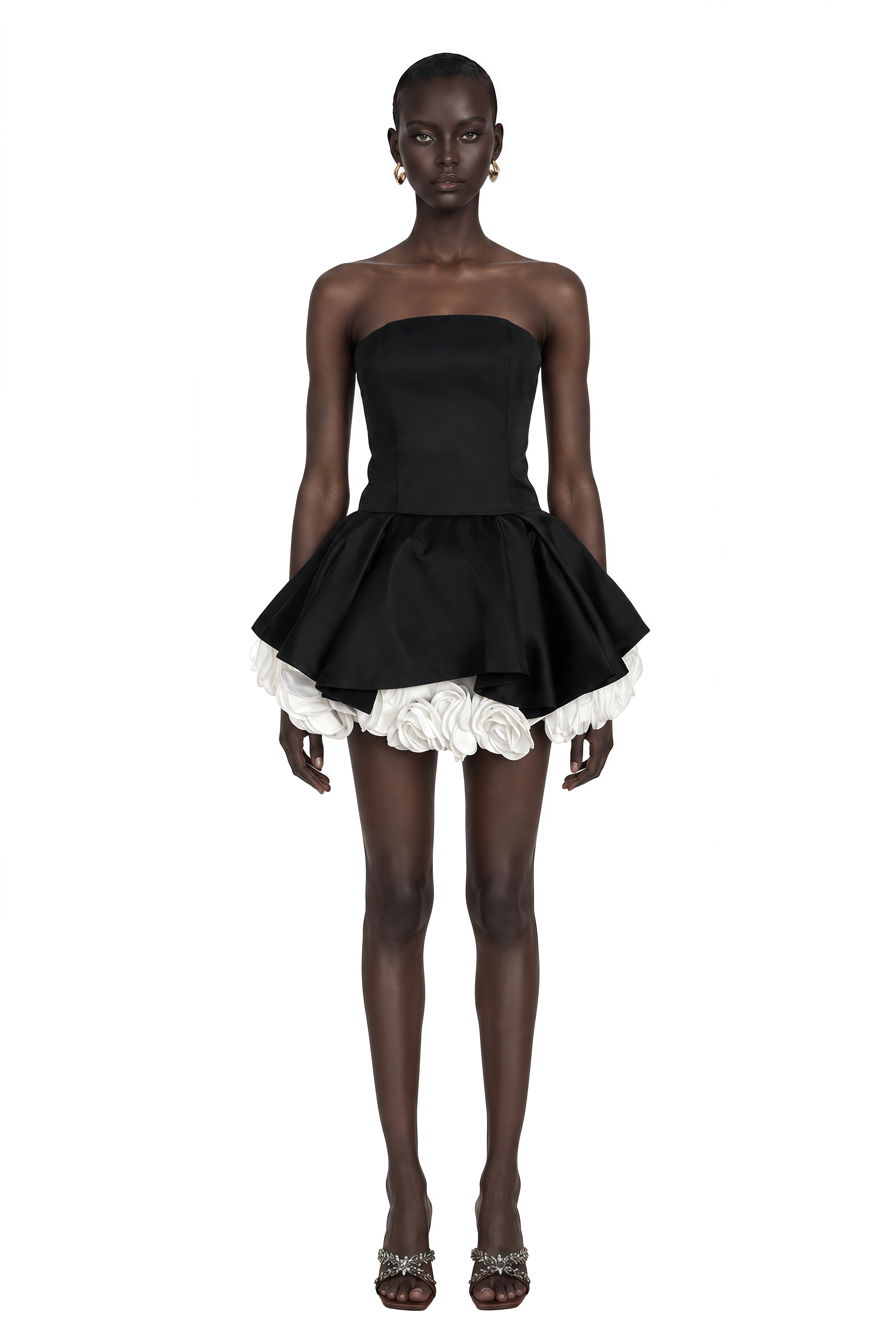 Lucie Black Petal-Layered Strapless Corset Mini Dress