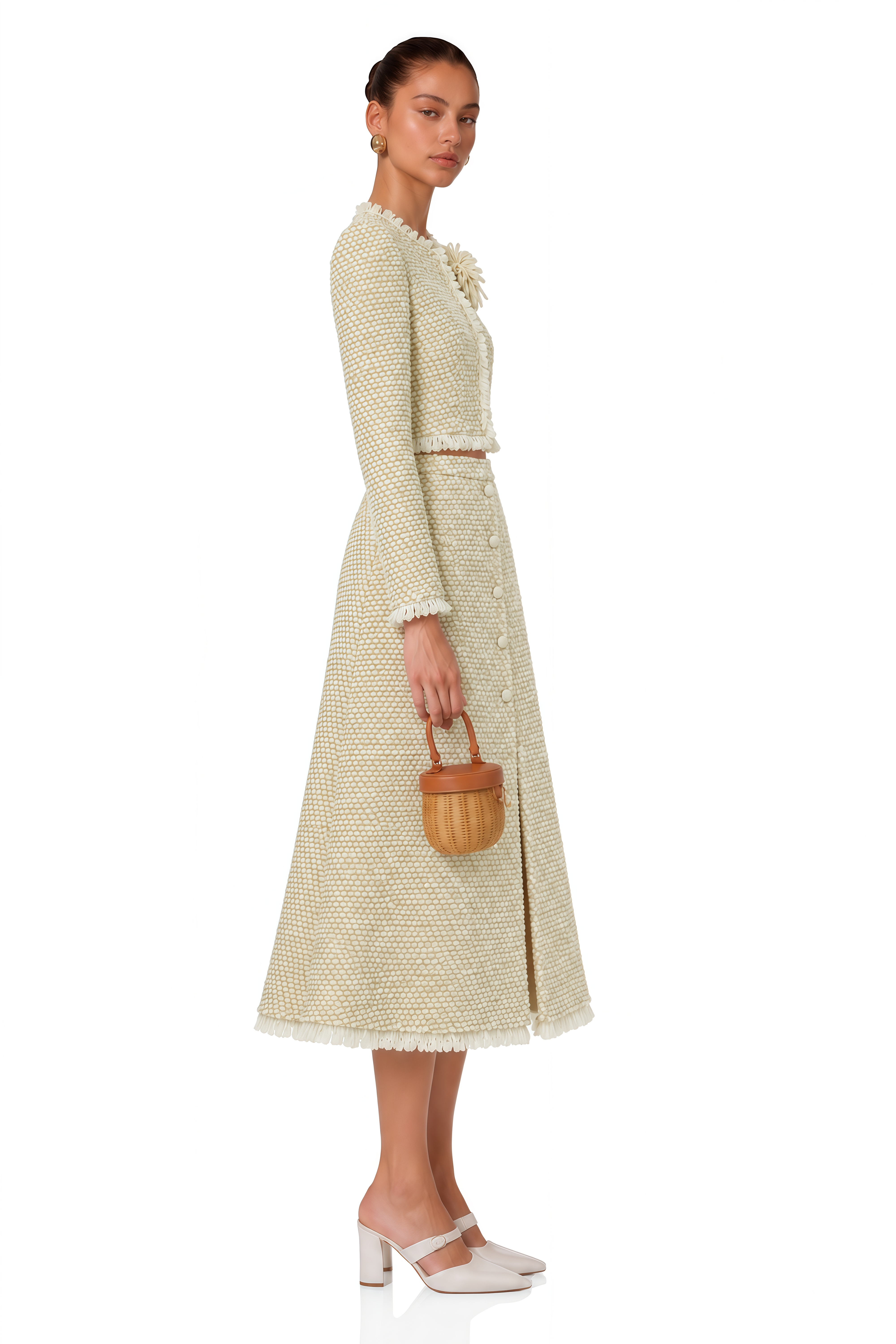 Briony Beige Tweed Jacket & Skirt Set with Fringe