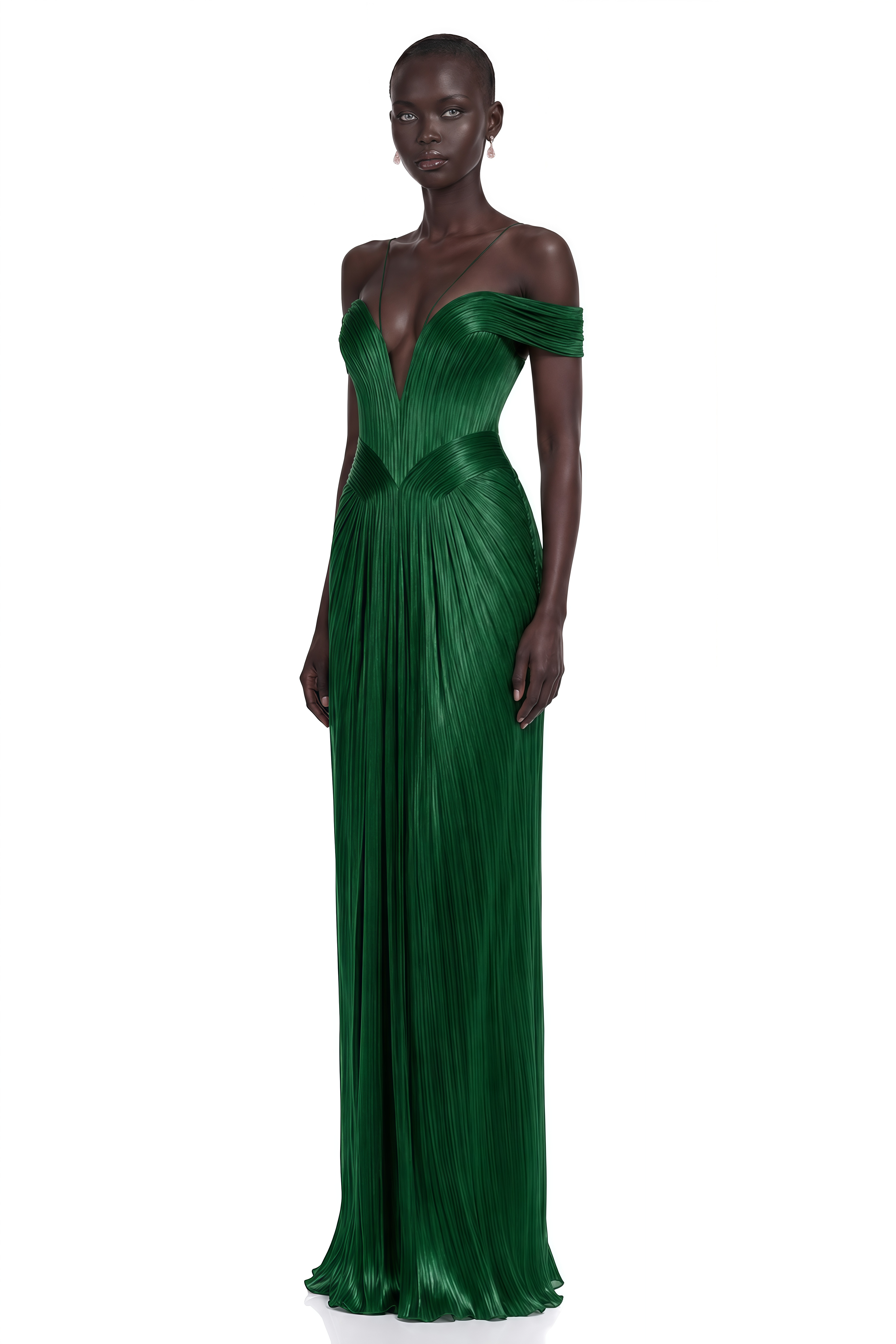 Marise Green Draped Pleated Maxi Dress