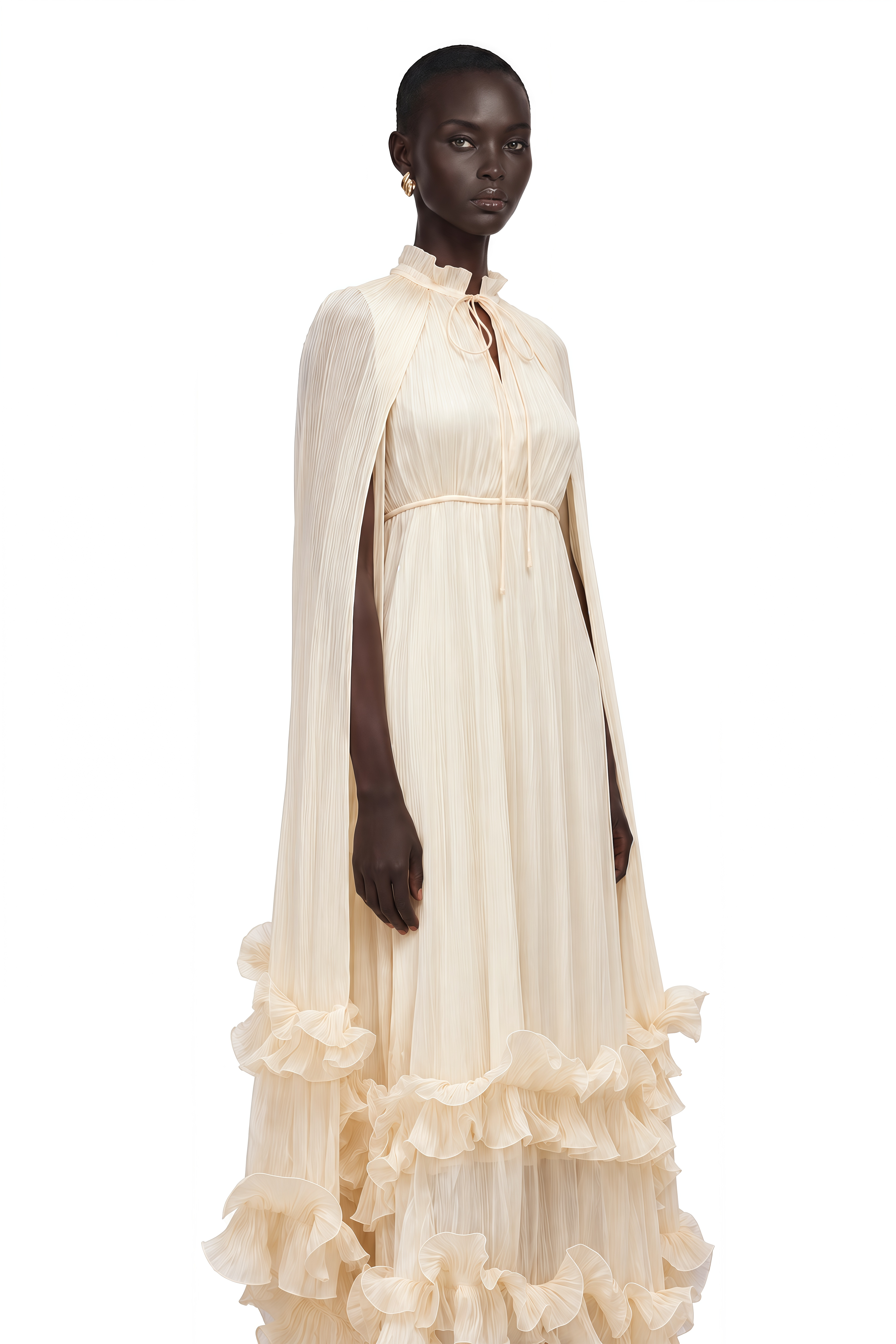 Intemporelle Neutral Cape Pleated Midi Dress