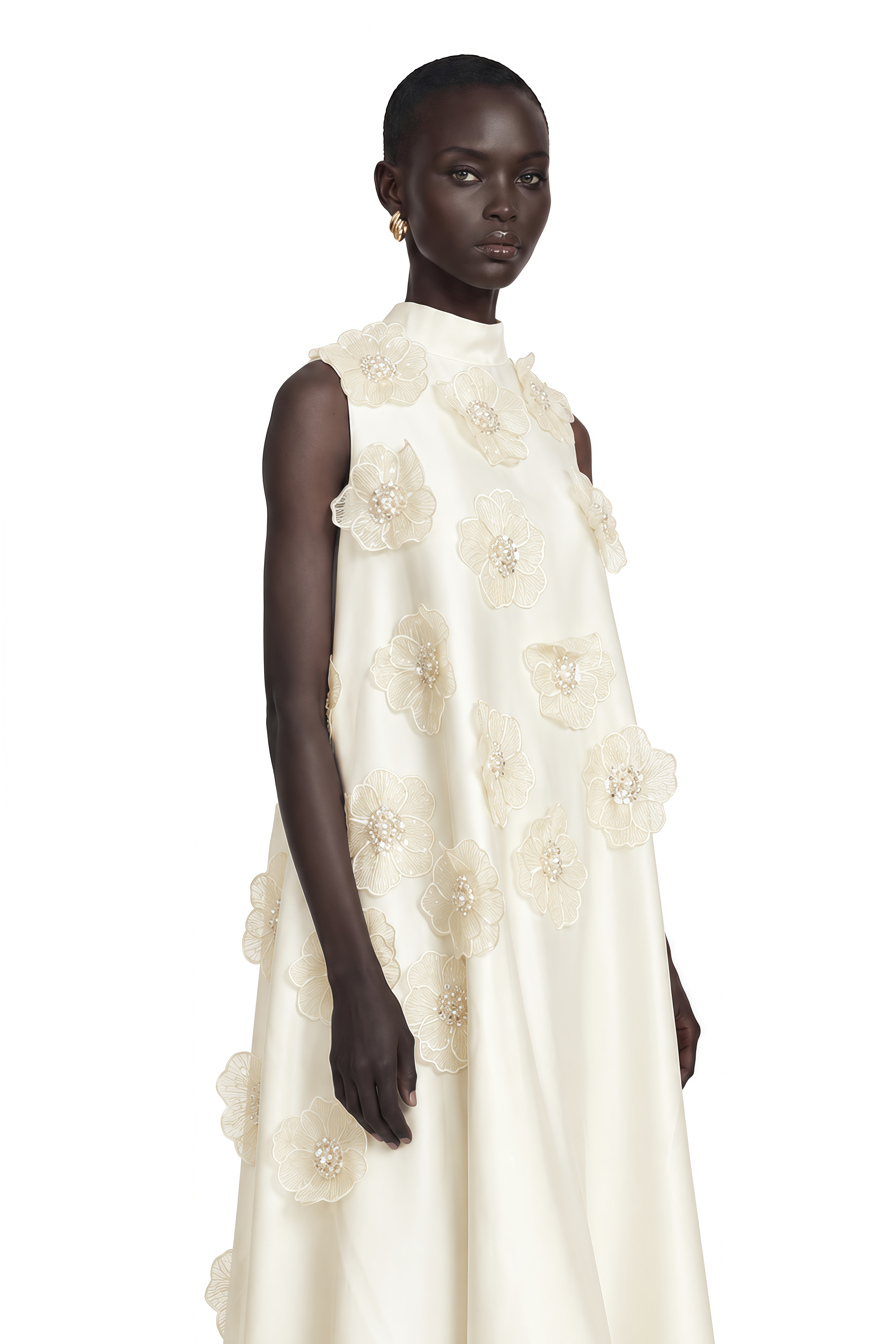 Émilie Sleeveless Floral-Applique Midi Dress in White