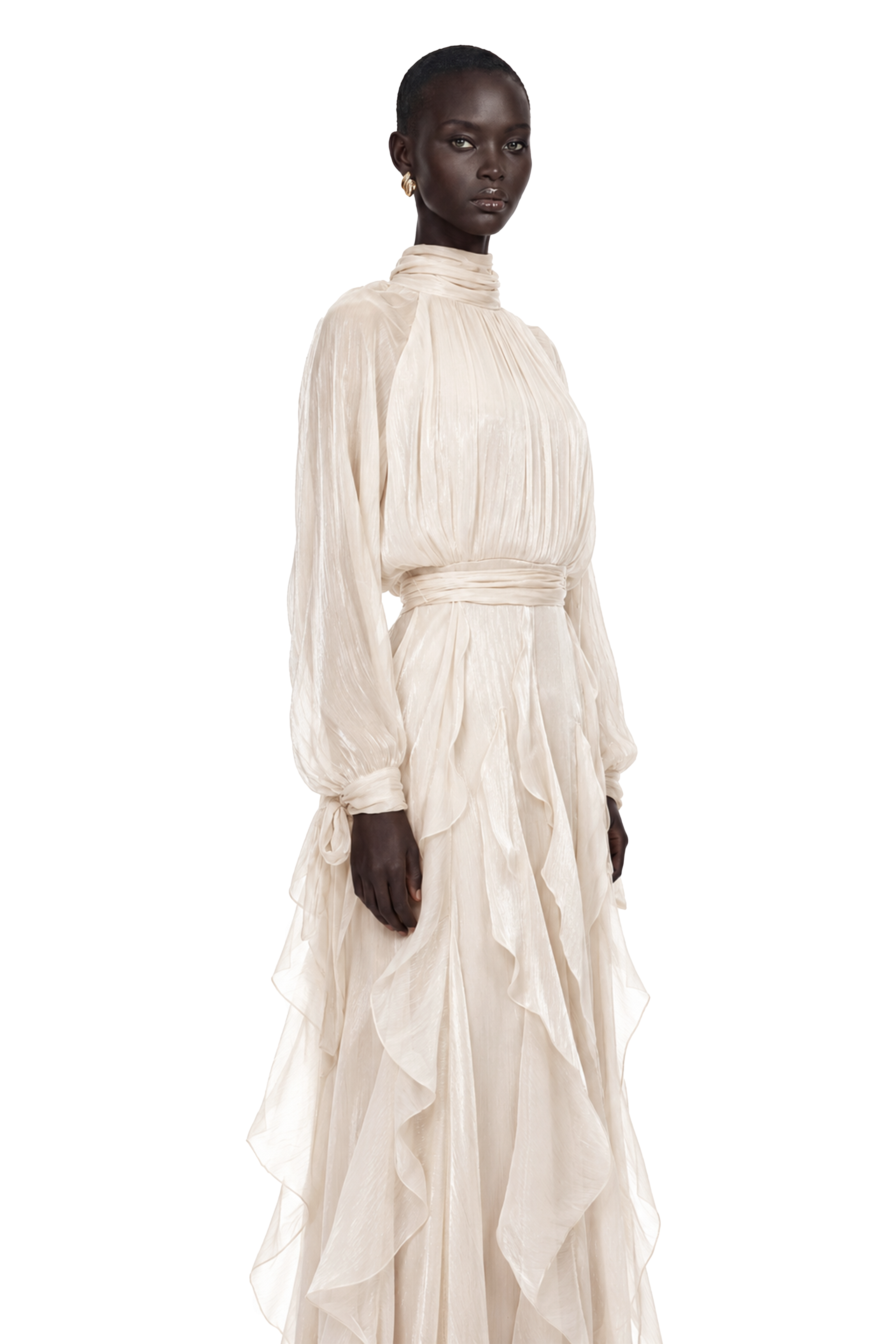 Zélie Neutral Glossy Pleated Ruffled Maxi dress