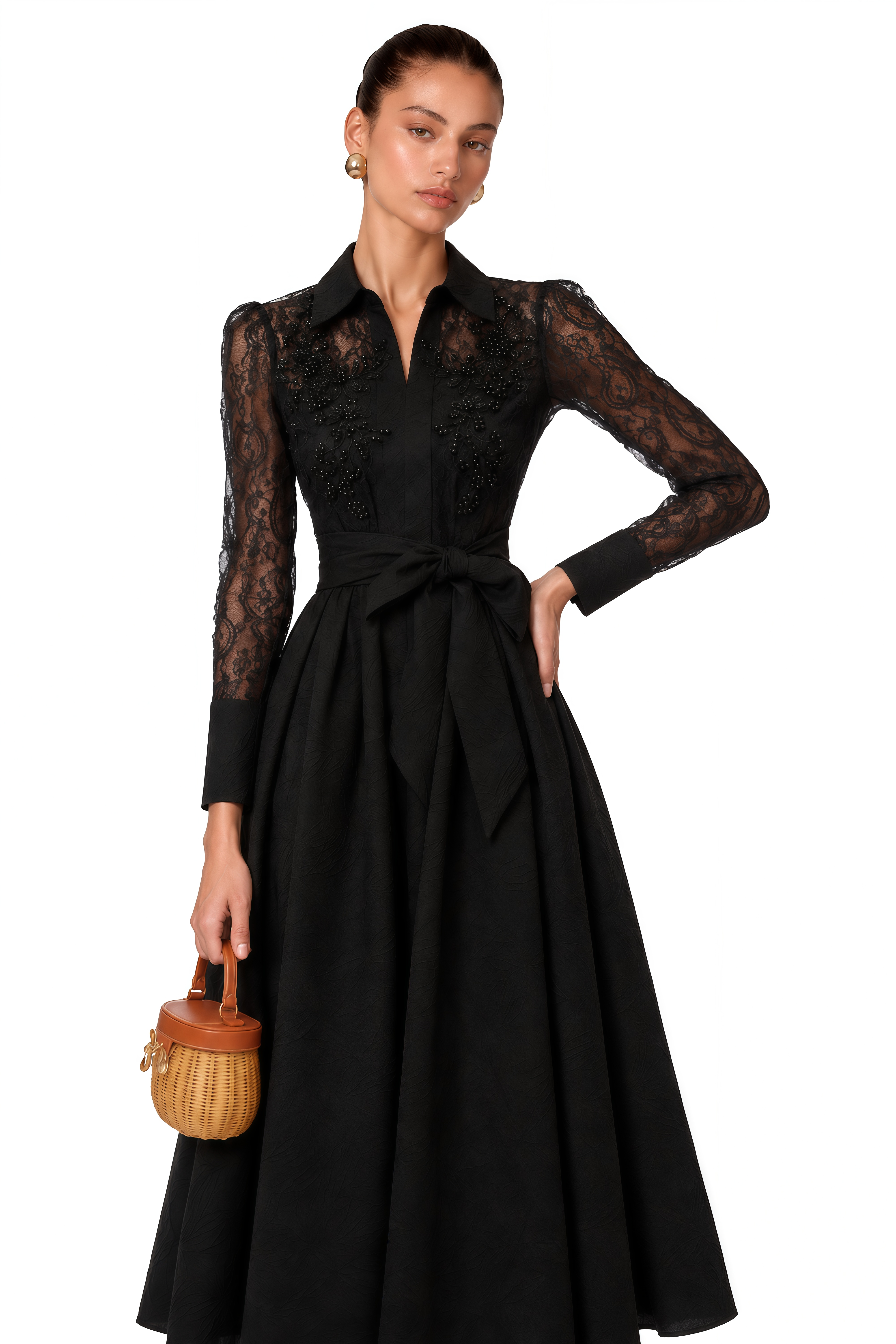 Lilliana Black Lace Midi Dress with Lapel Collar