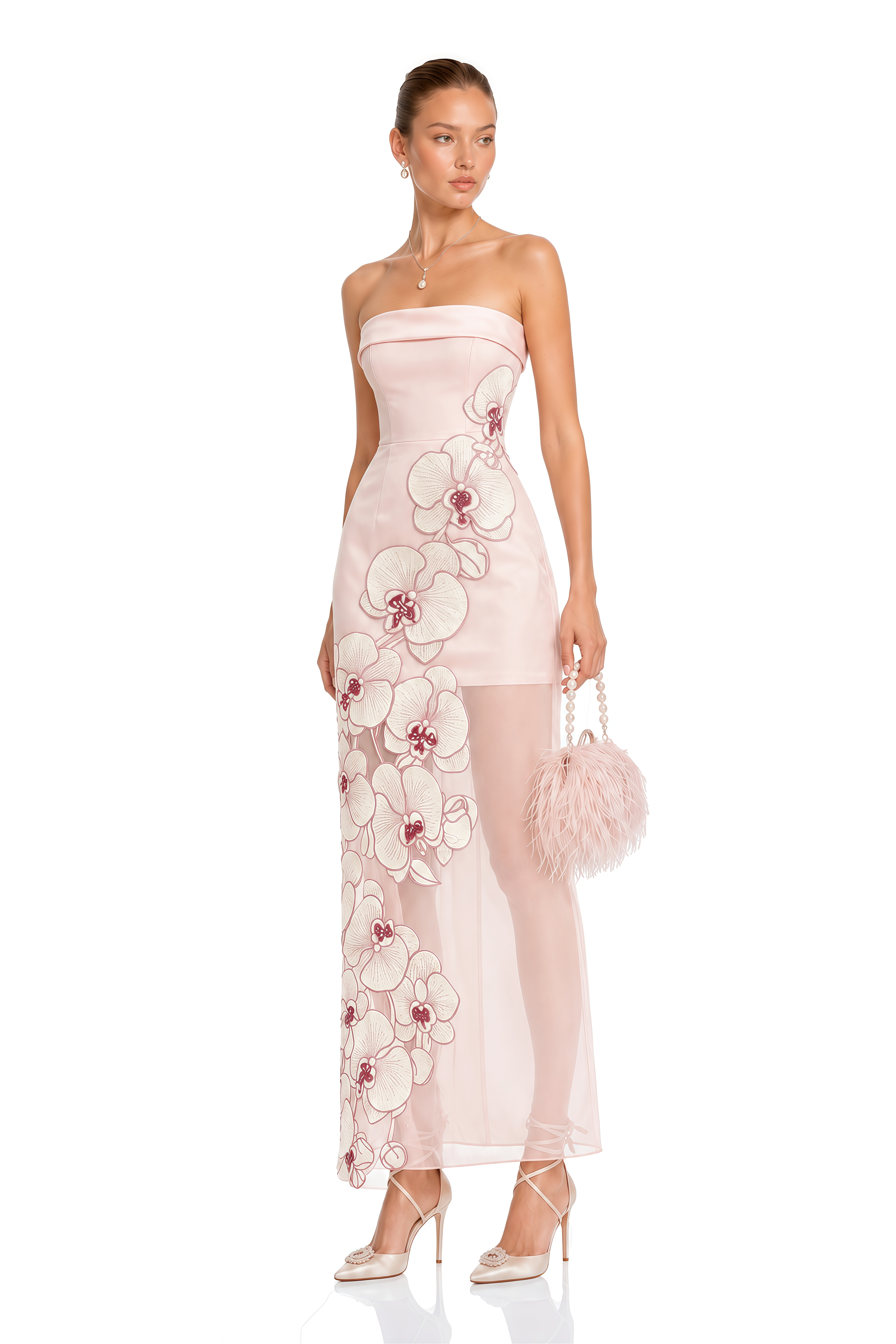 Ondina Pink Semi-Sheer Maxi Dress with Floral Applique