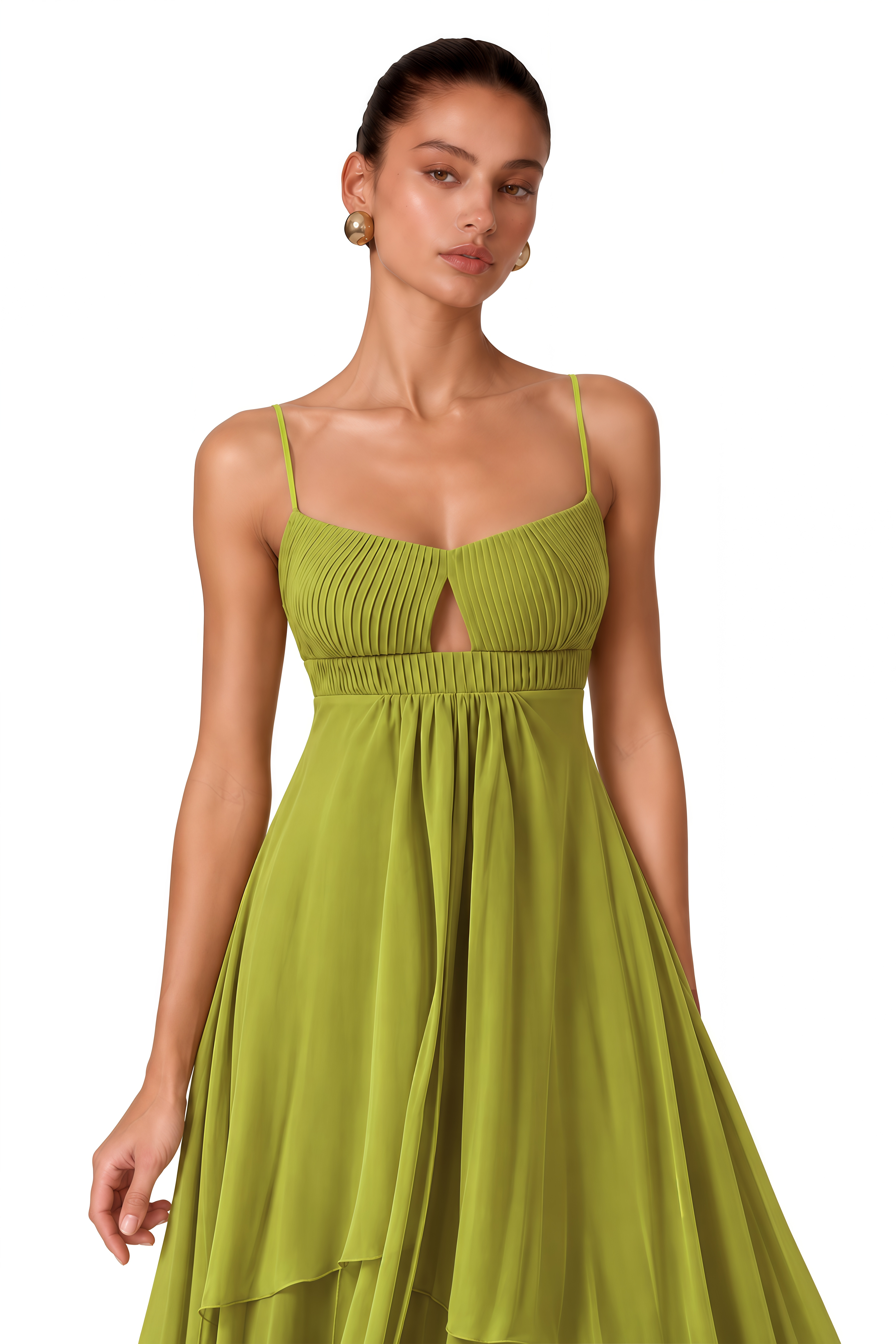 Lilliana Olive Green Tiered Maxi Dress with Cut-Outs