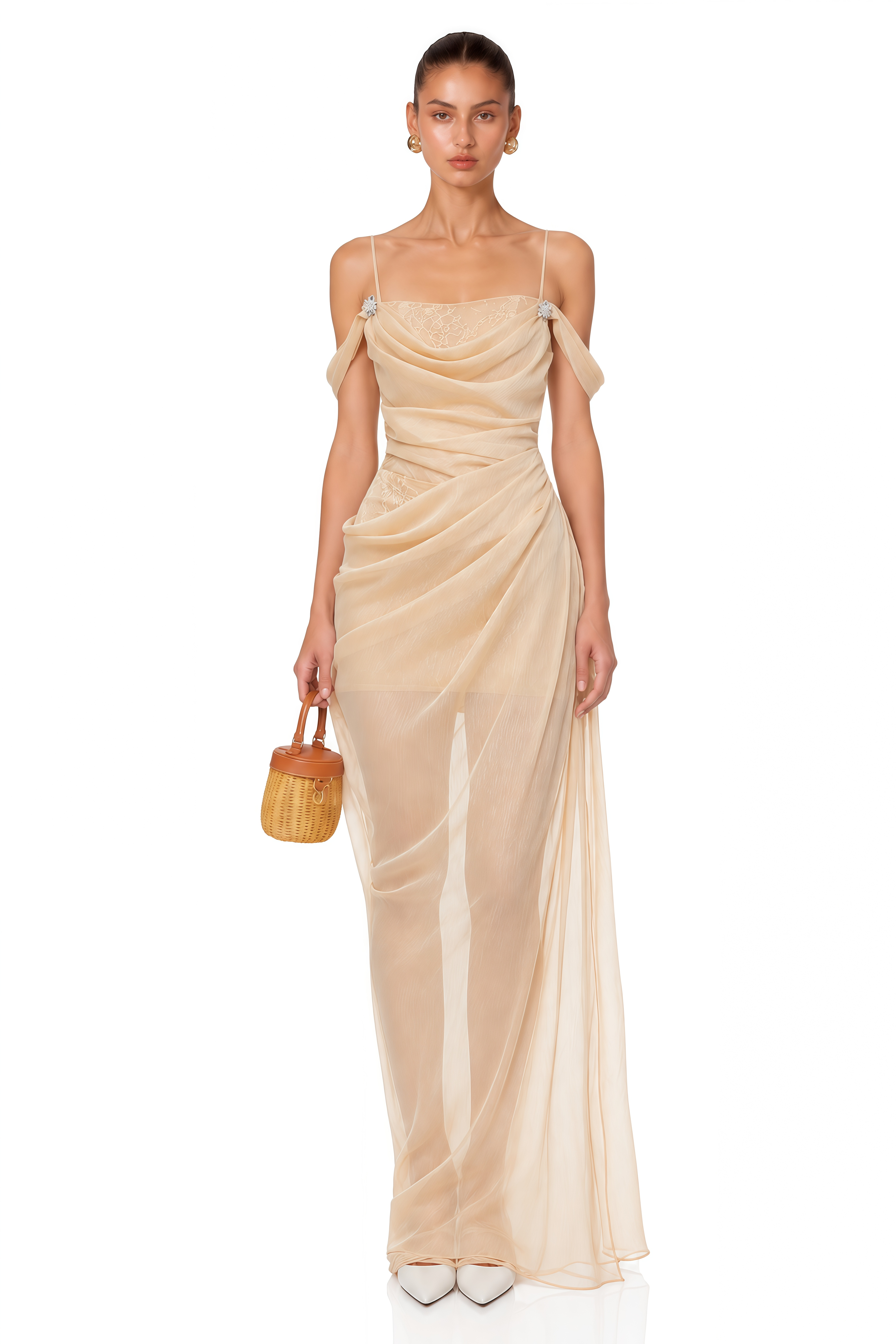 Lucrezia Neutral Lace-Panelled Ruched Maxi Dress