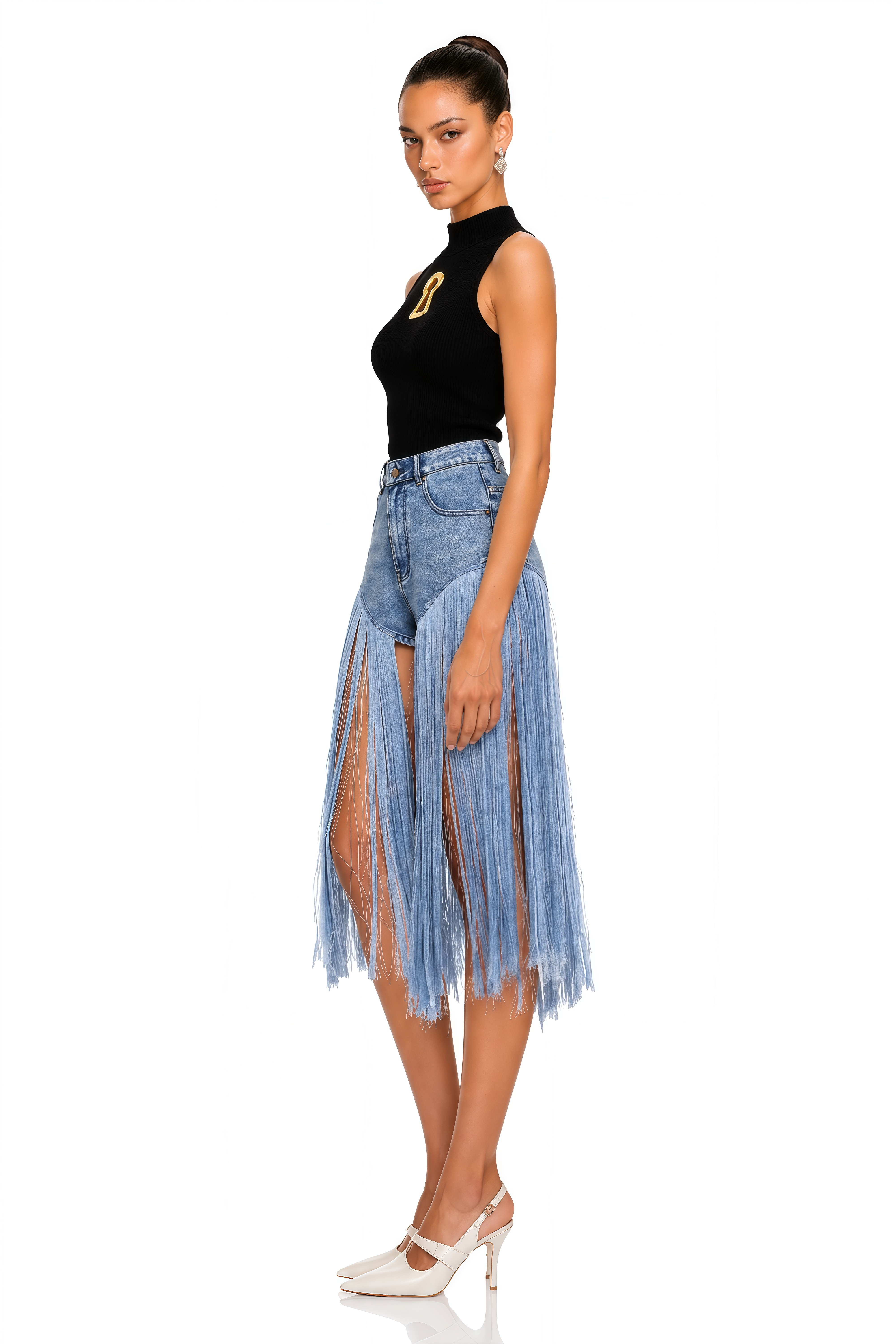 Ysandre Black Ribbed Knit Keyhole Tank Top