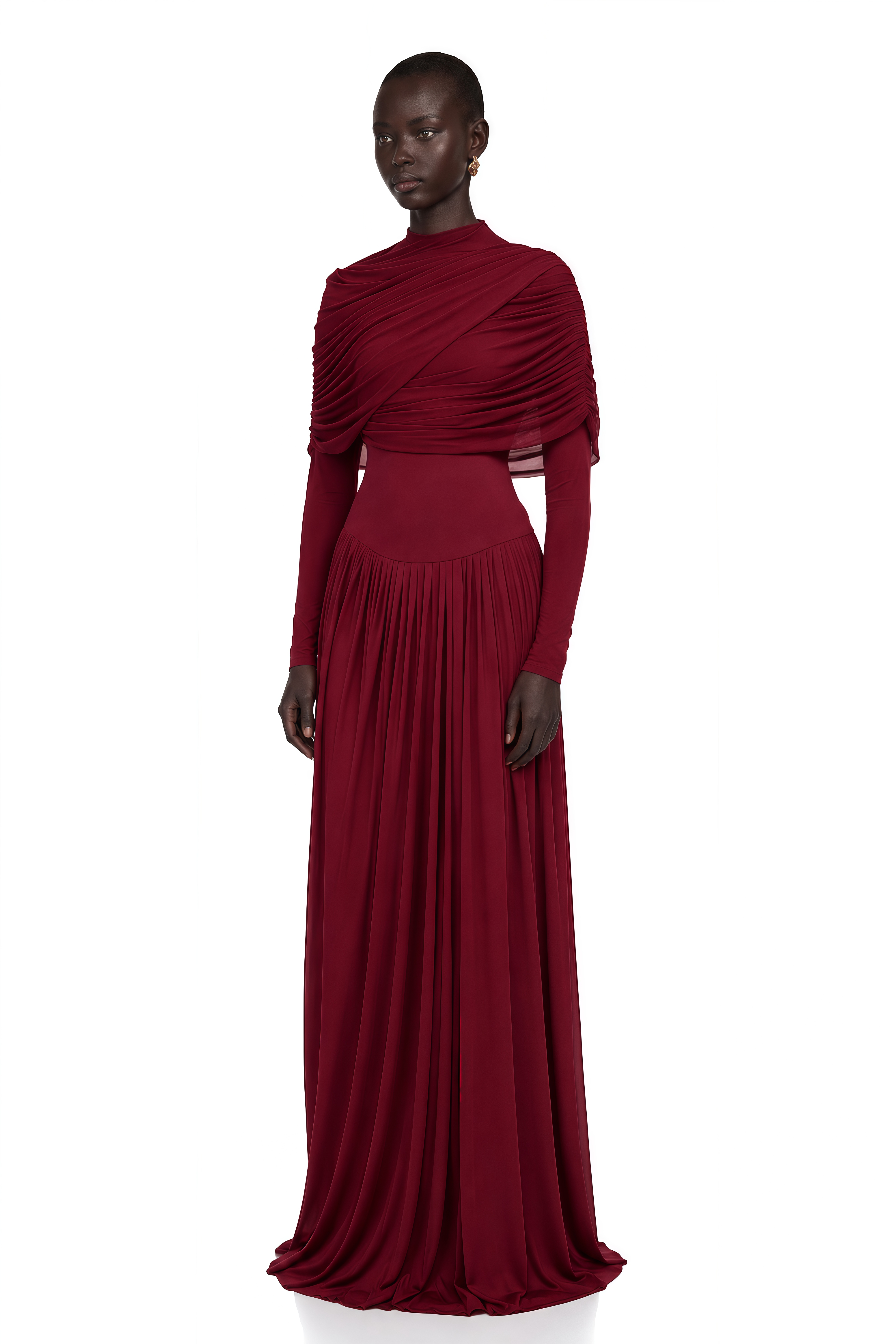 Catherine Red Asymmetrical Pleated Long-Sleeve Maxi Dress
