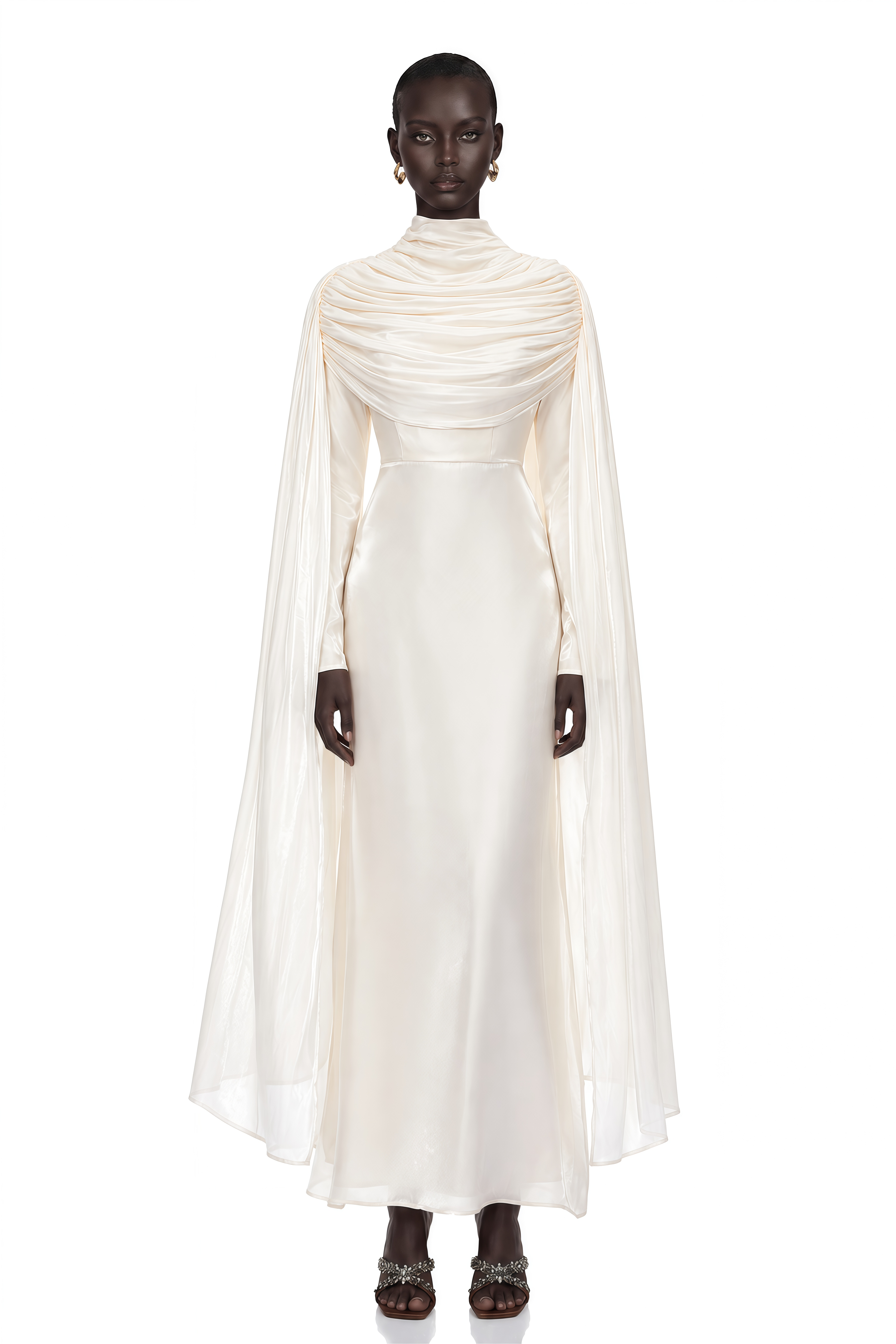 Hege Cream Glossy Ruched Cape Maxi Dress