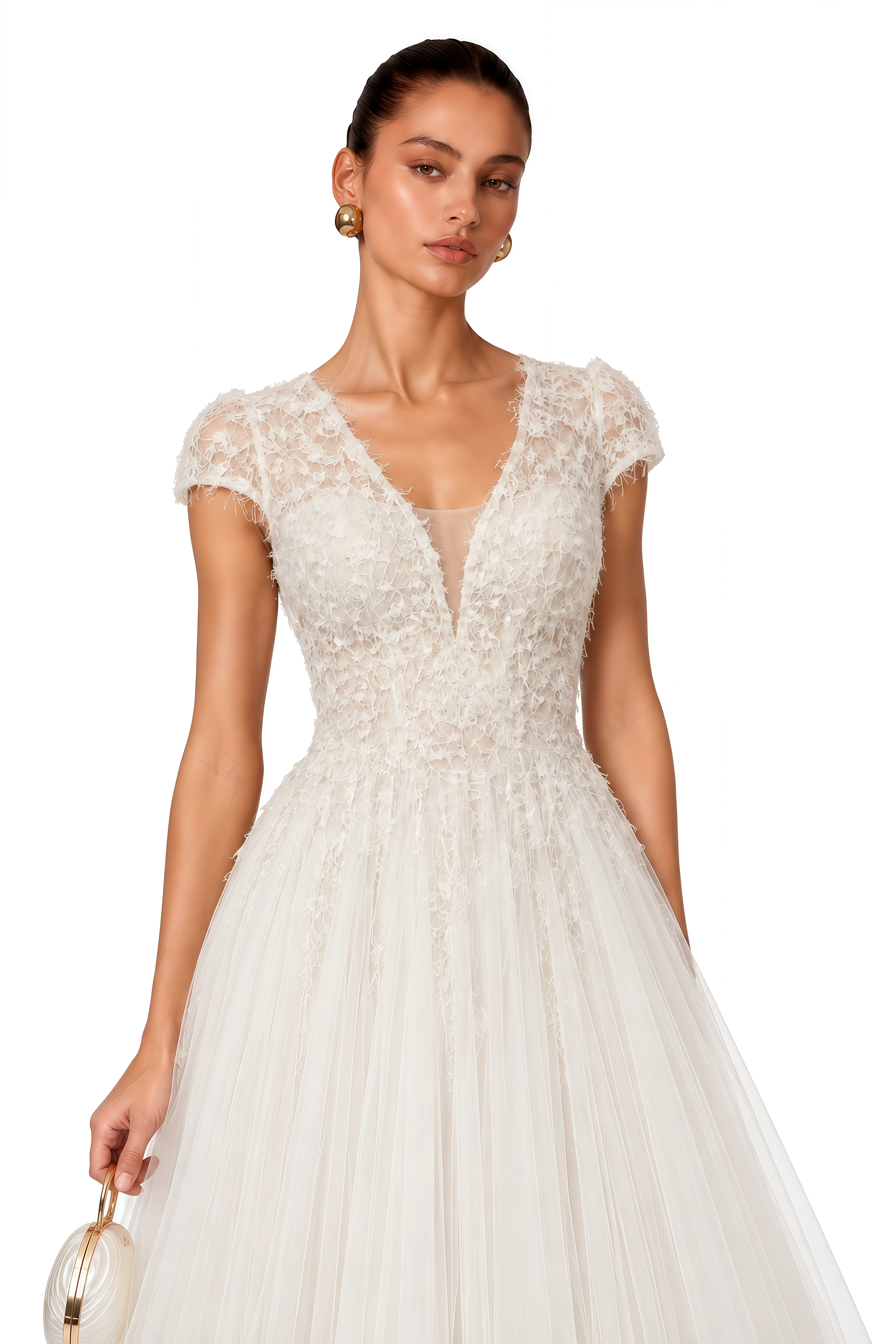 Antonia White Plunge Neck Midi Dress with Cap Sleeves