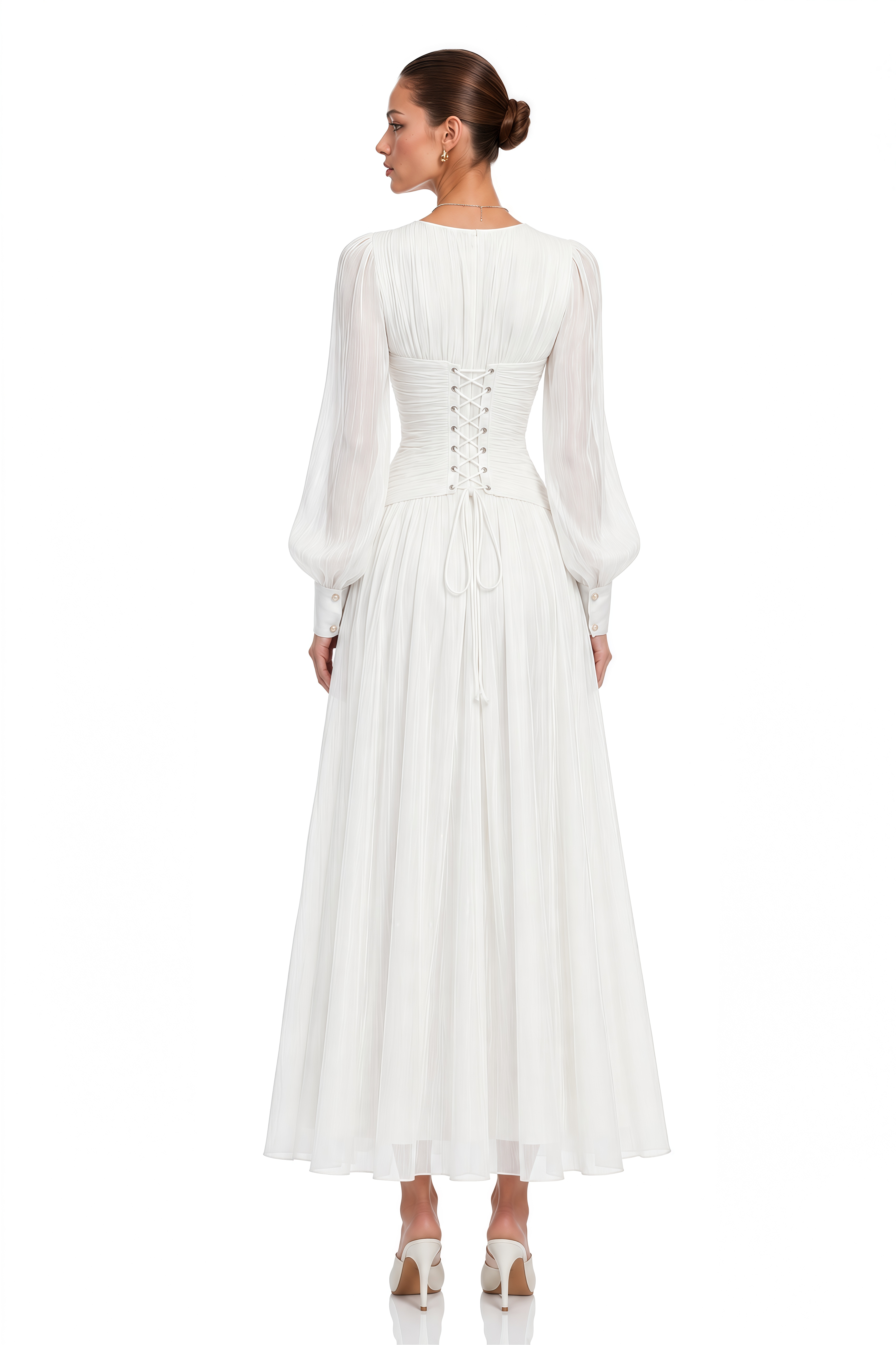 Aneka White High Neck Glossy Ruched Maxi Dress