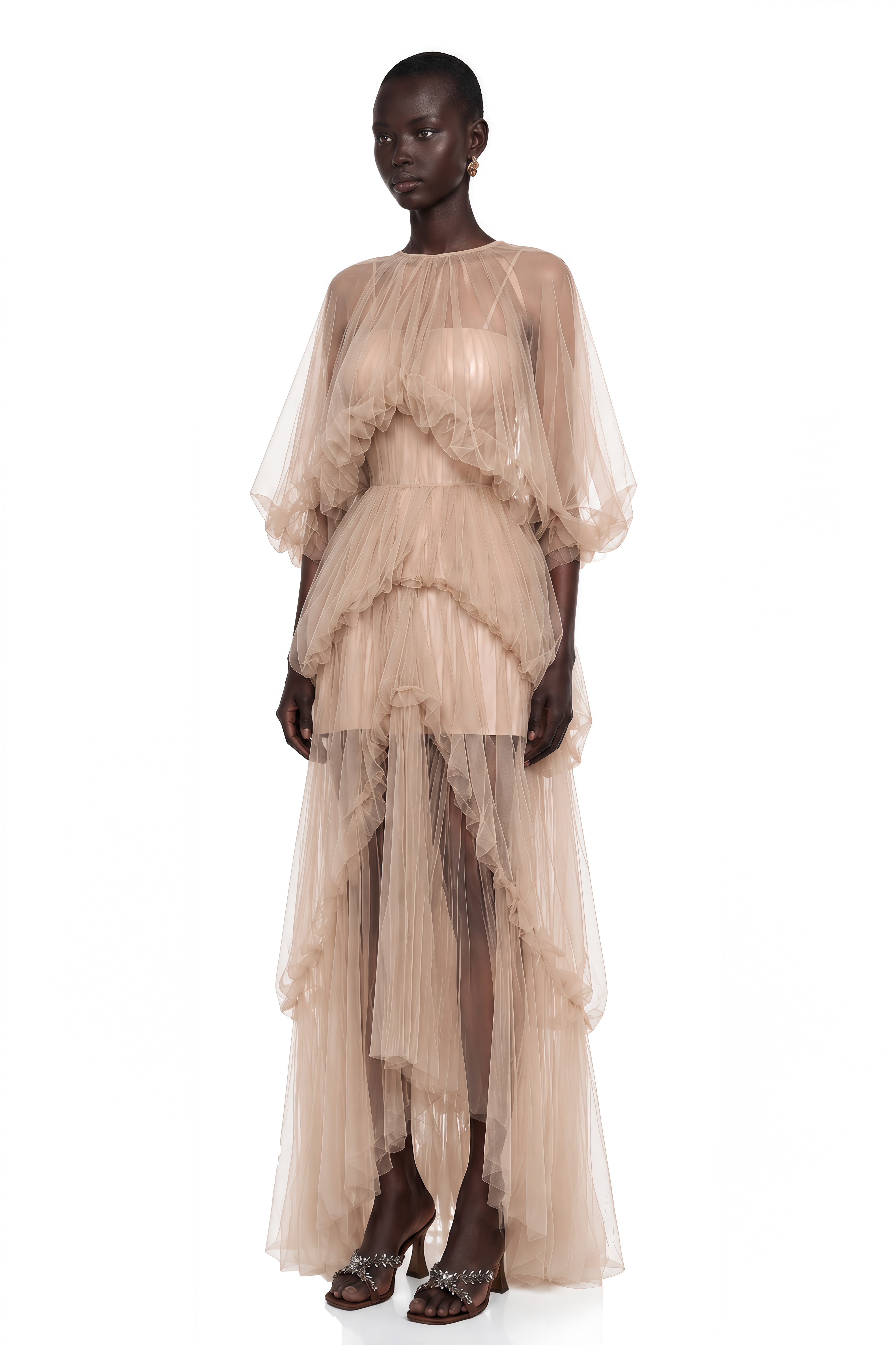 Graciana Nude Asymmetrical Pleated Maxi Dress