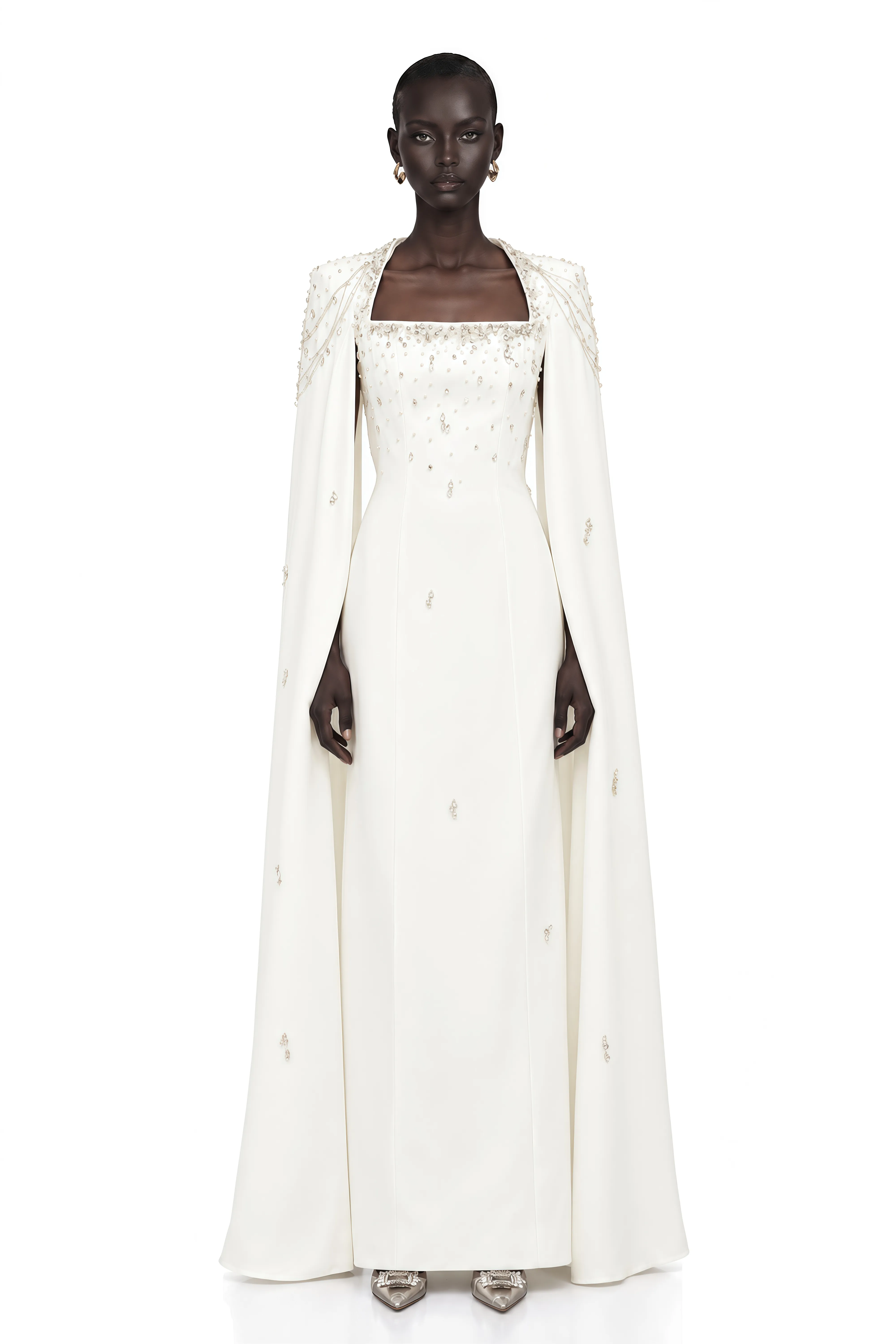 Épuré White Embellished Cape Gown