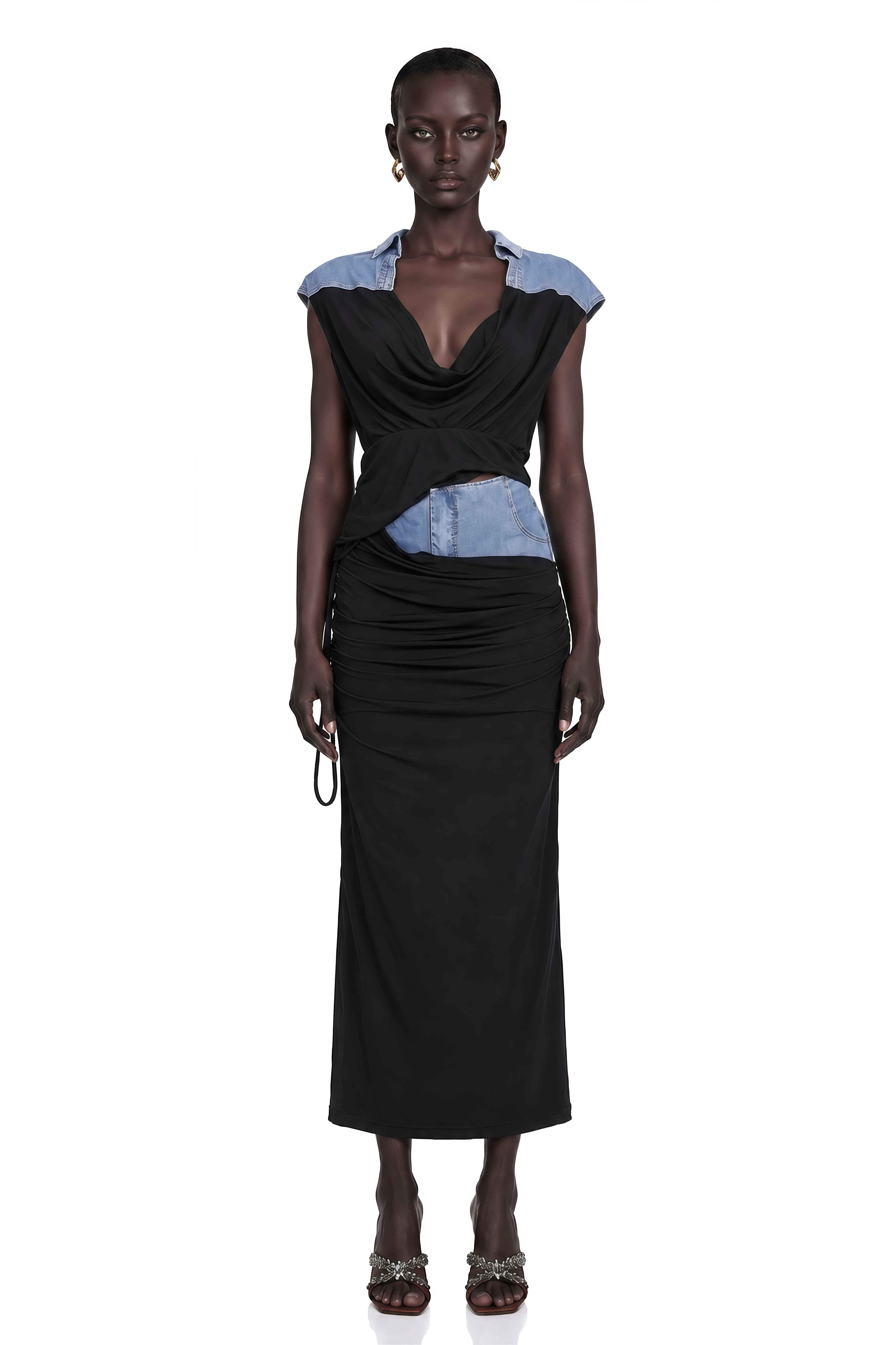 Nala Jersey-Paneled Denim Top & Skirt Matching Set