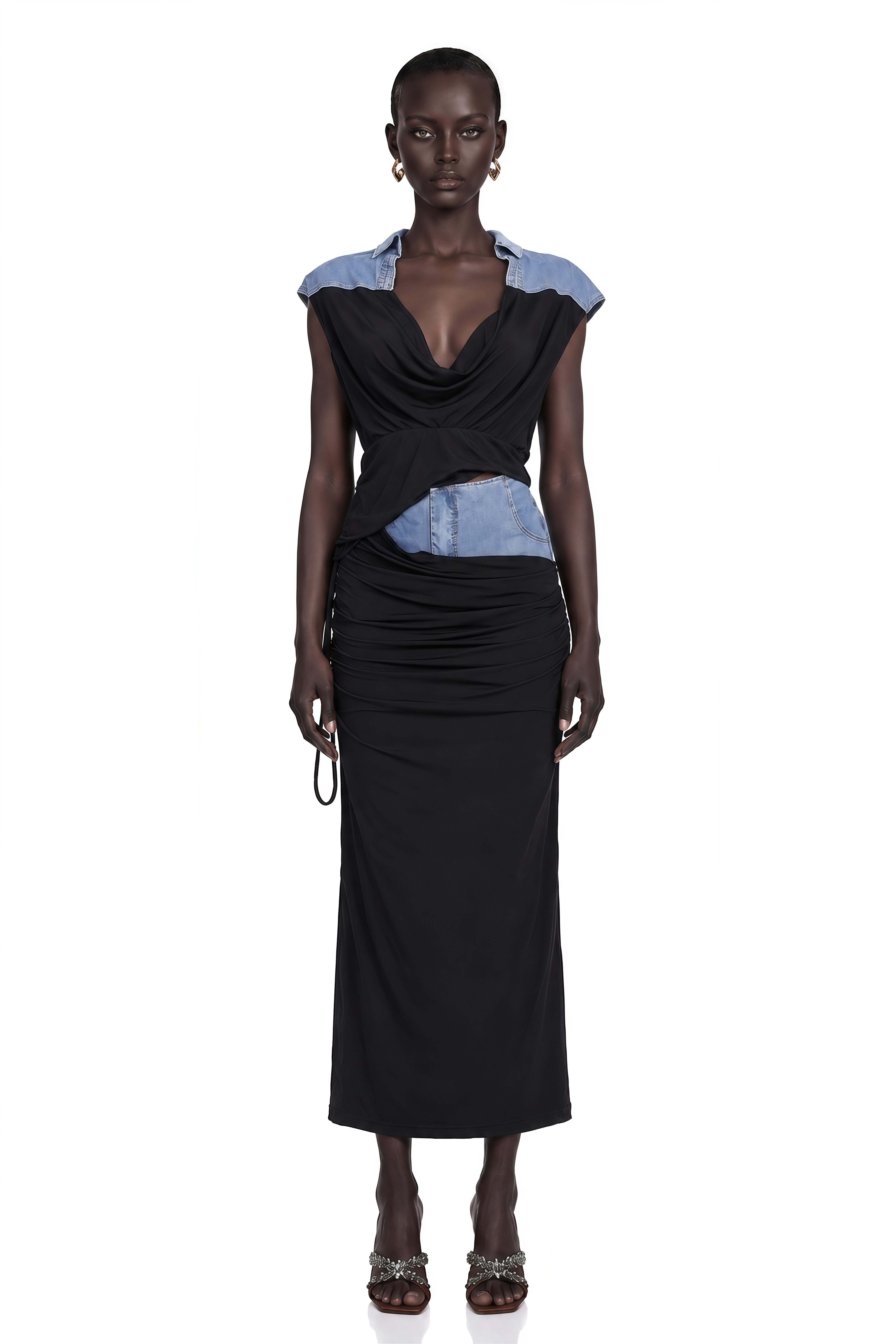 Nala Jersey-Paneled Denim Top & Skirt Matching Set