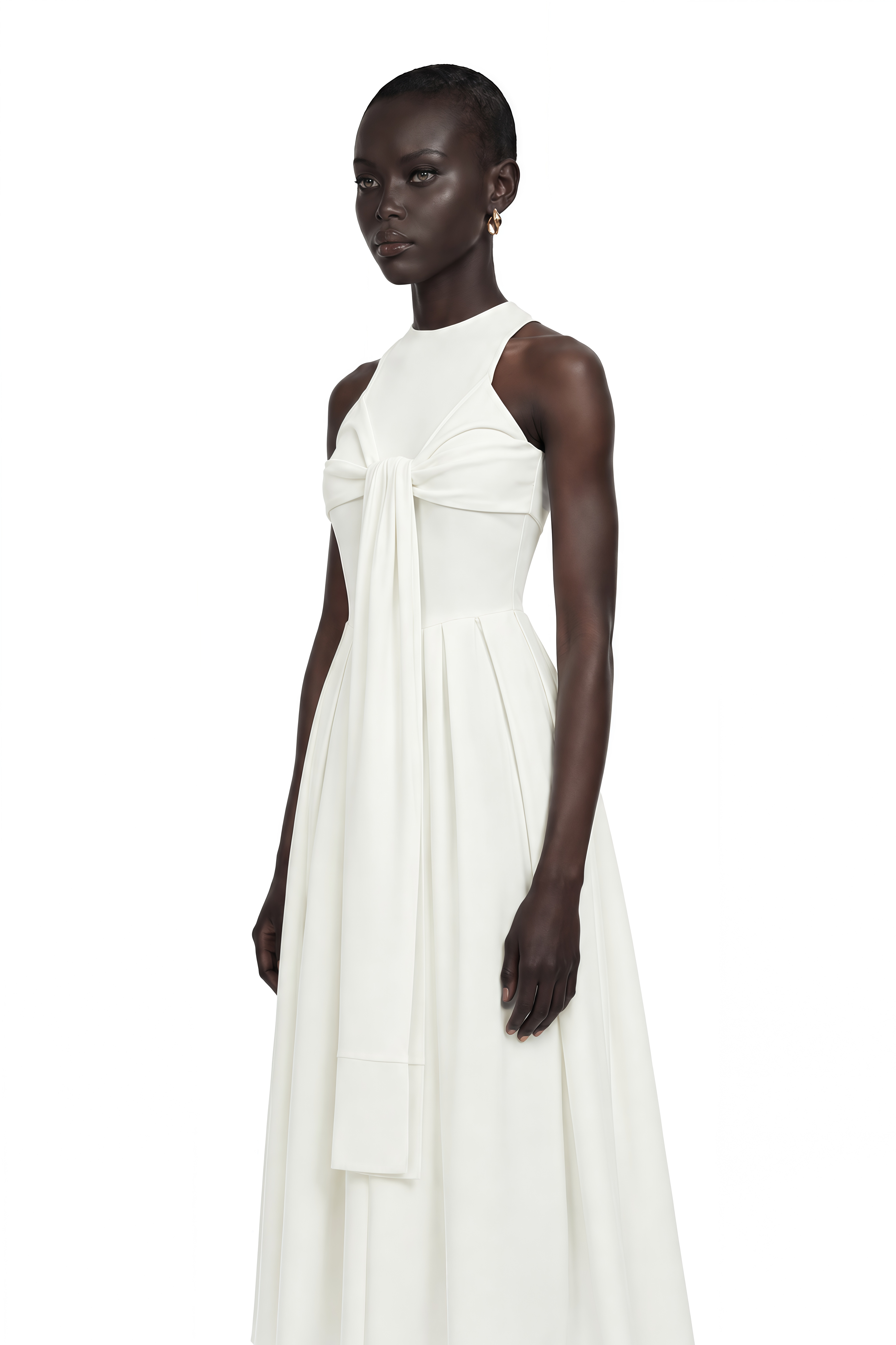 Ophelia White Pleated Midi Dress with Self-tie