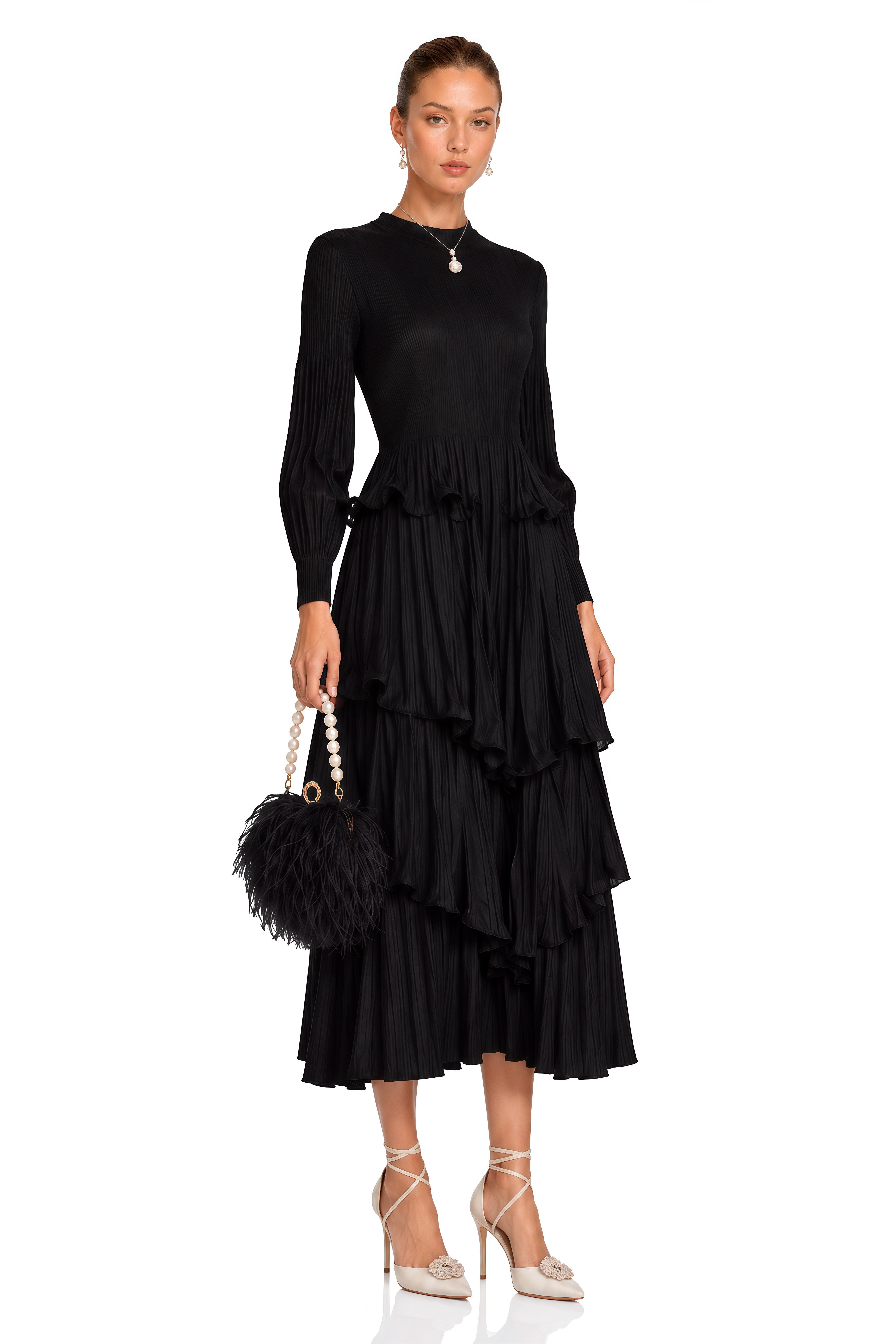 Brianna Black Tiered Pleated Midi Dress