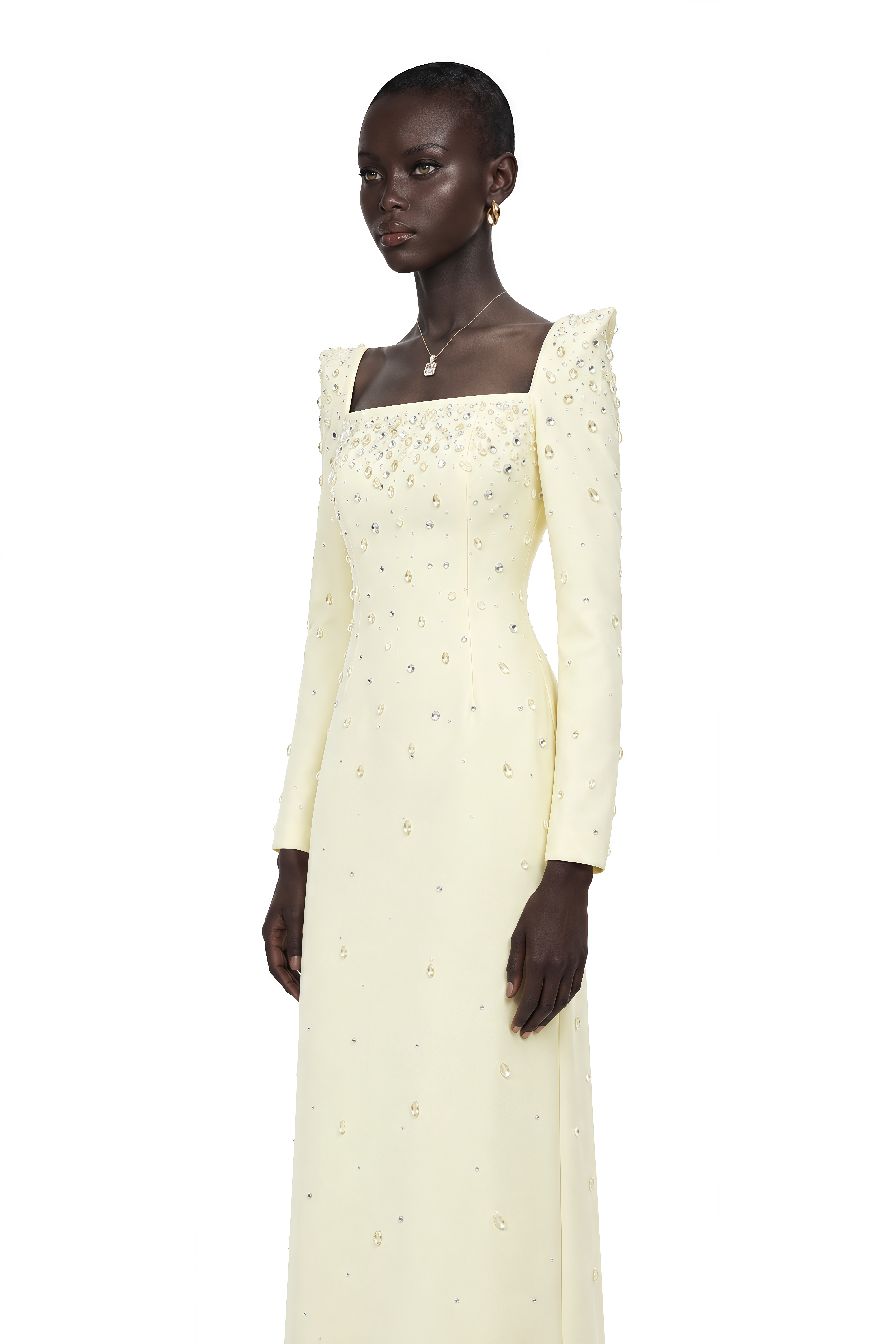 Carmela Yellow Square Neck Embellished Maxi Dress