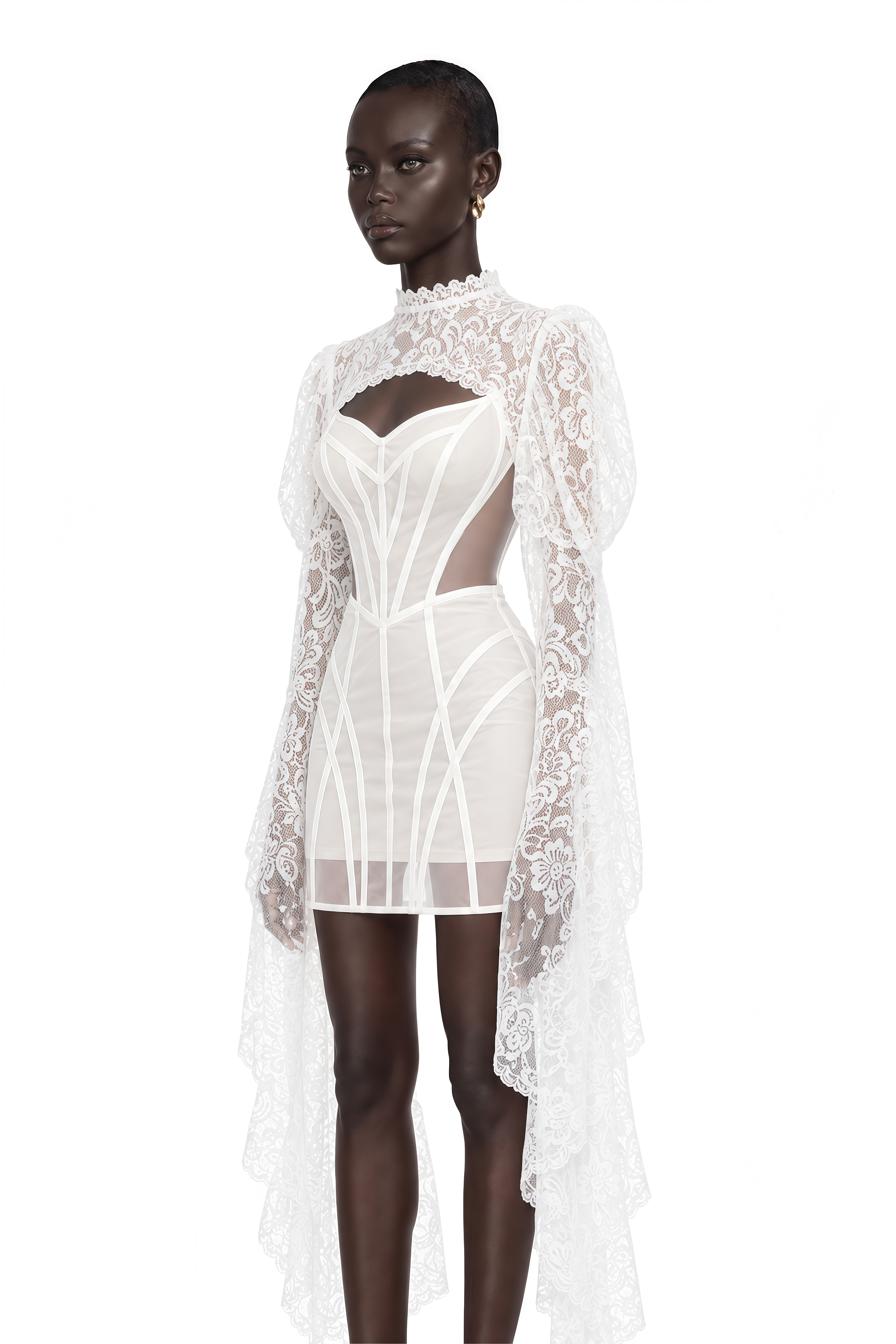 Ilaria White Lace Shrug & Linear Organza Dress Set