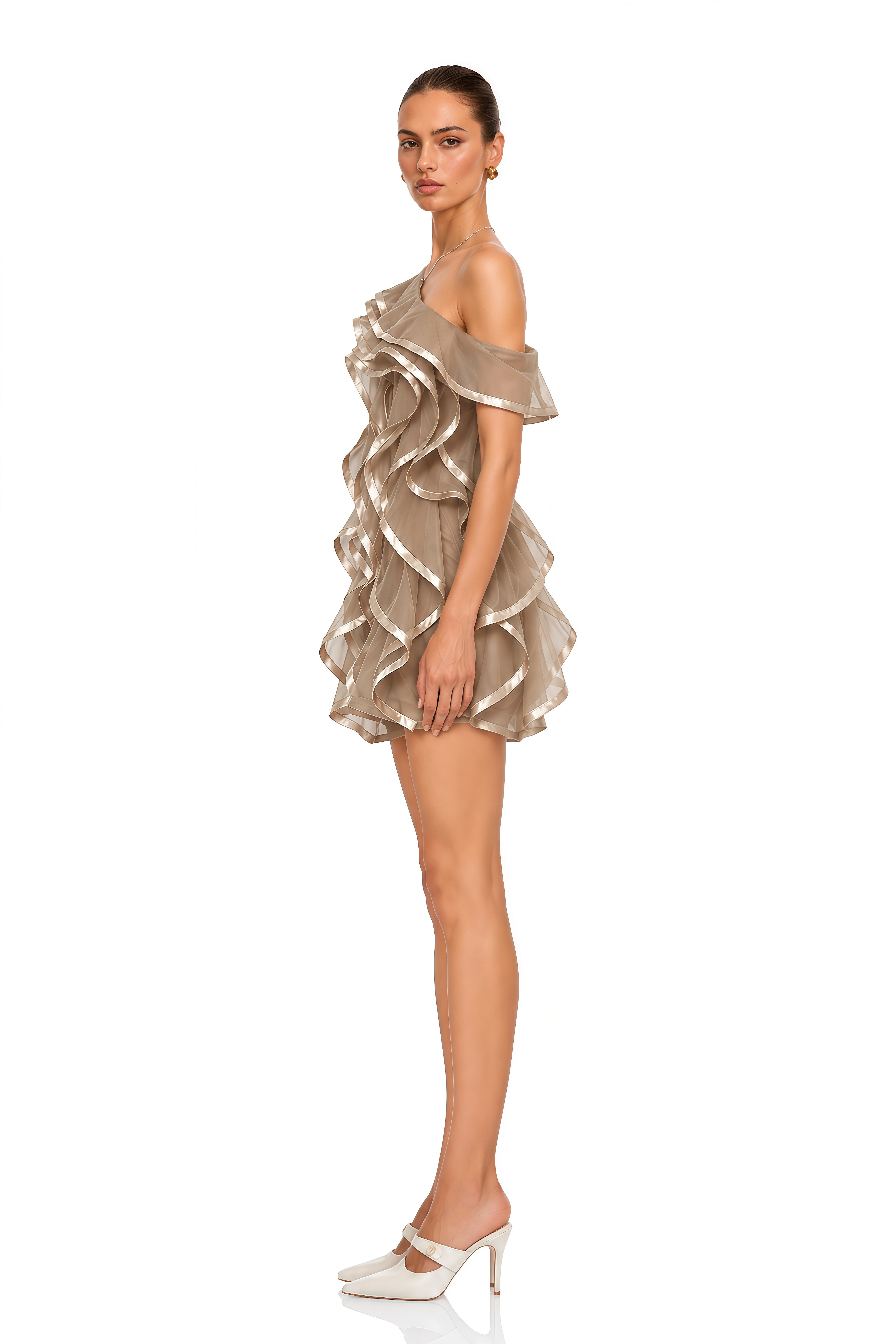 Alchimie Brown Ruffled Tulle Mini Dress