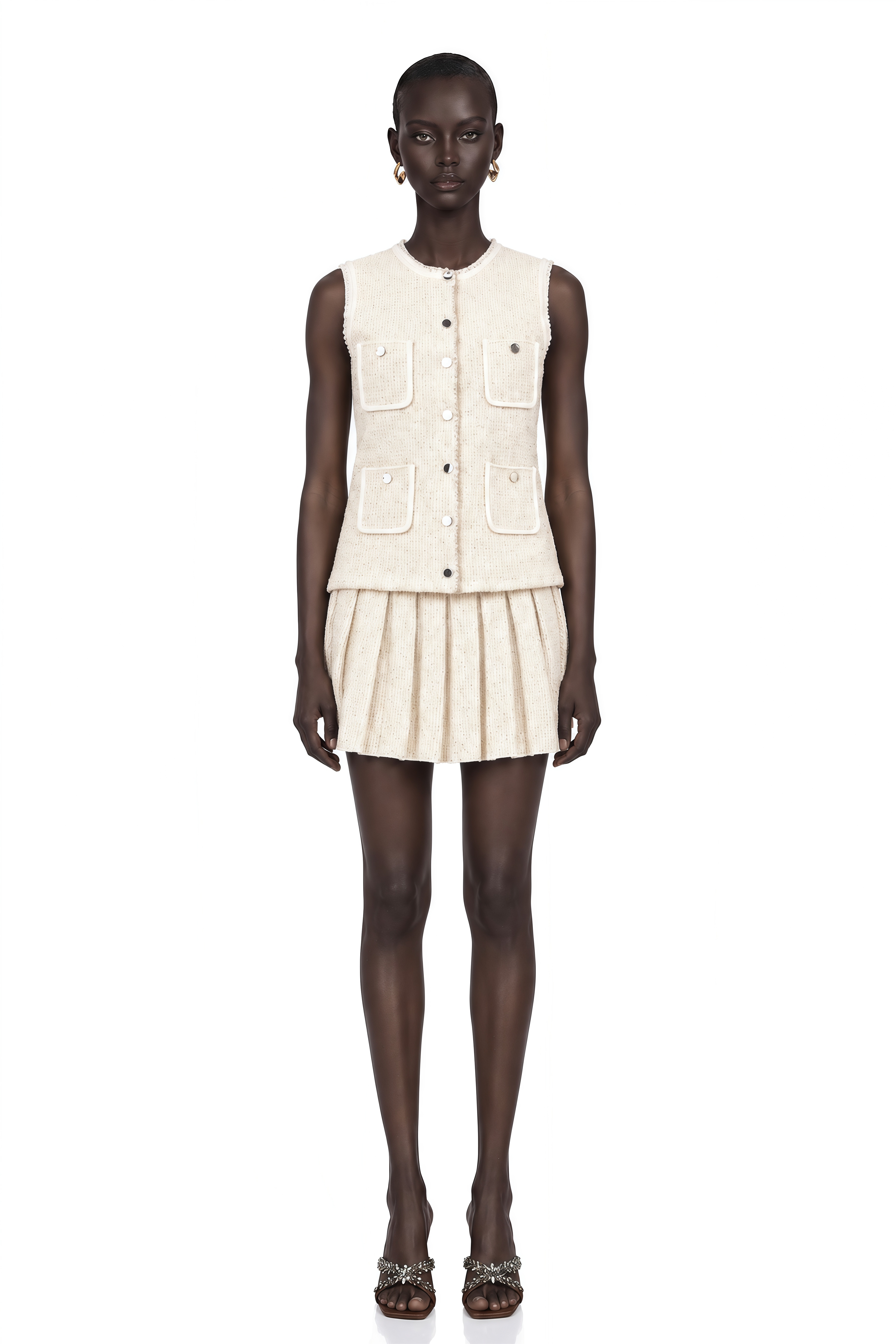 Hélène beige sequined knit vest top & skirt matching set