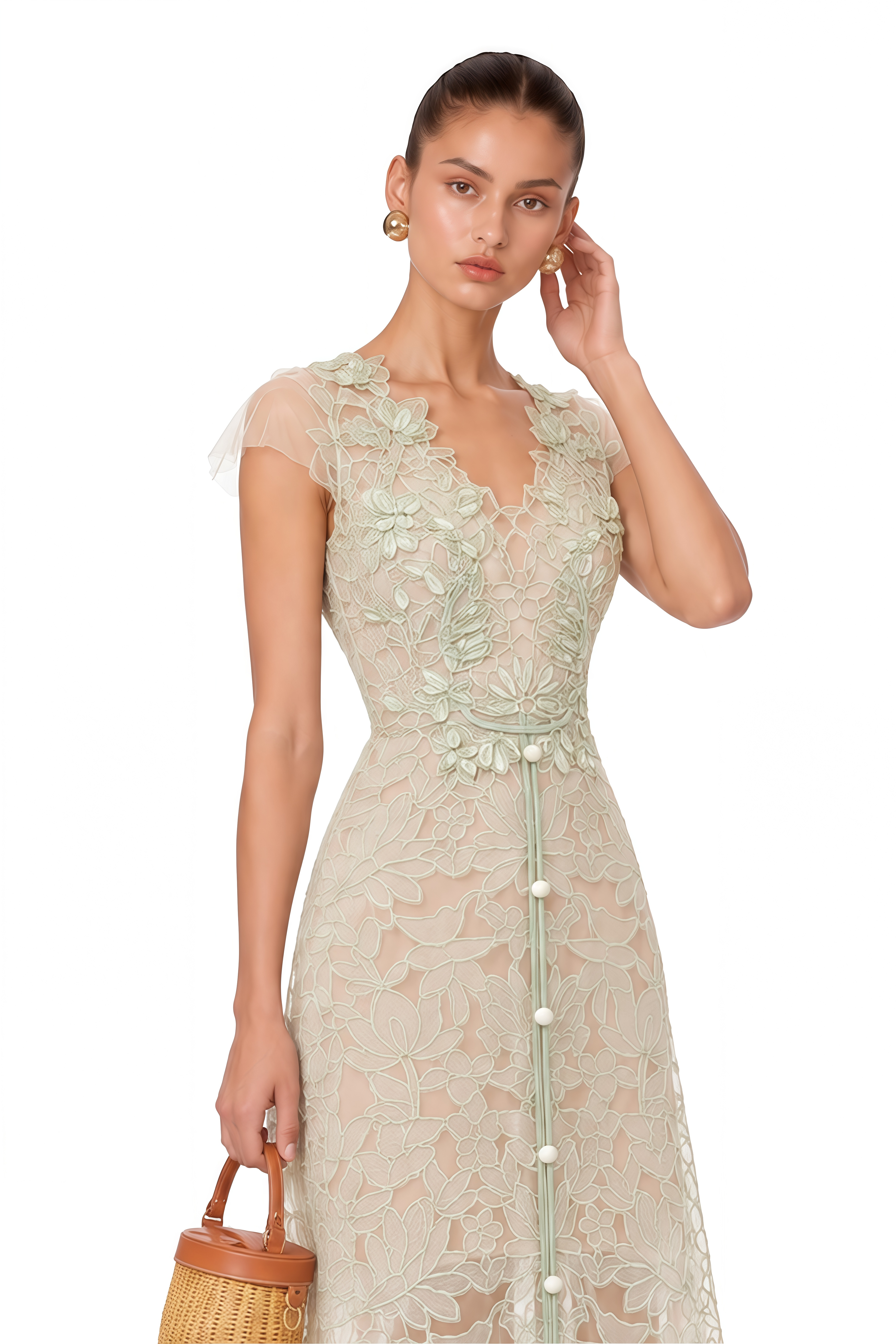 Linnea Green Floral Applique V-Neck Midi Dress