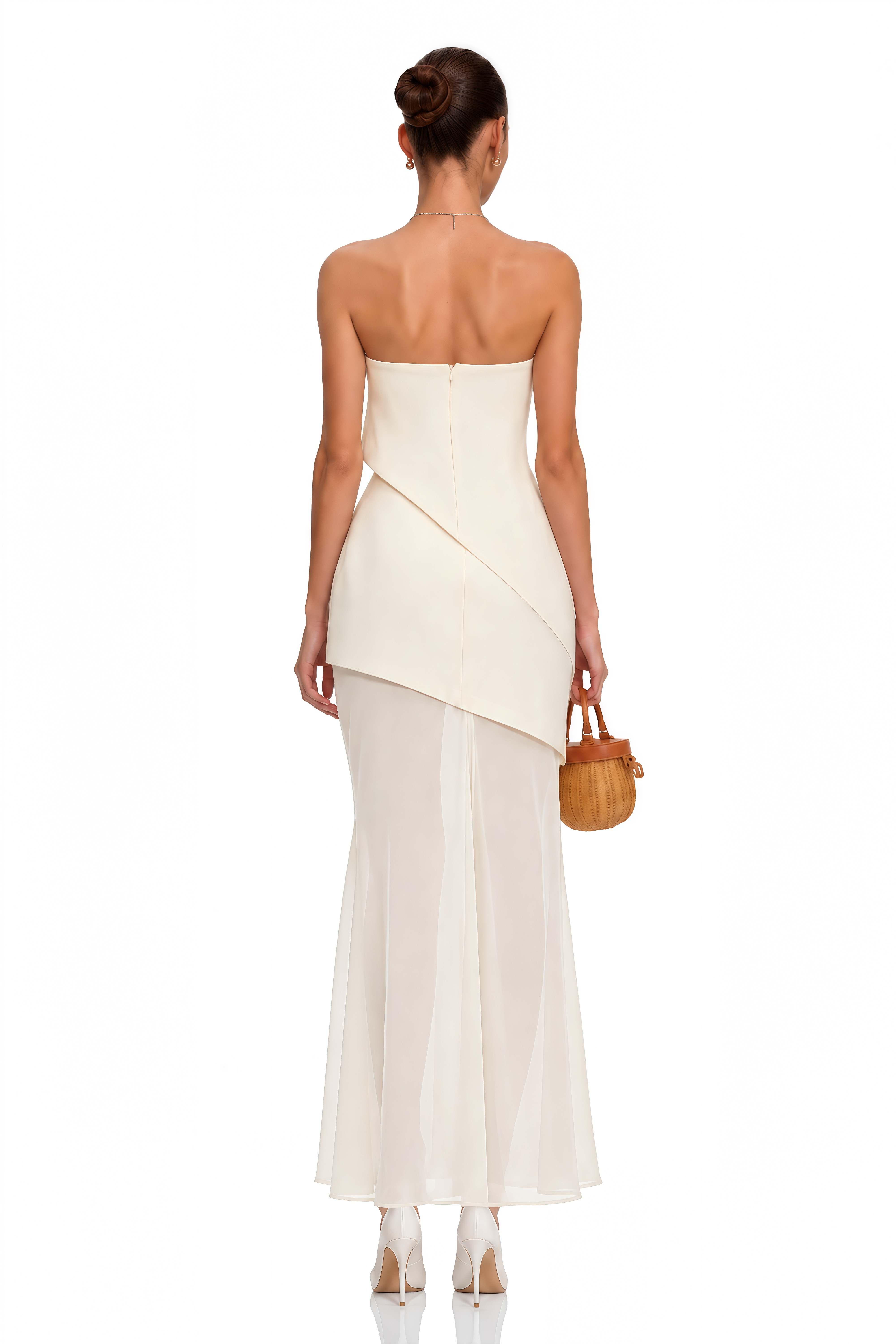 Idalina Ivory White Asymmetrical Mesh Maxi Dress