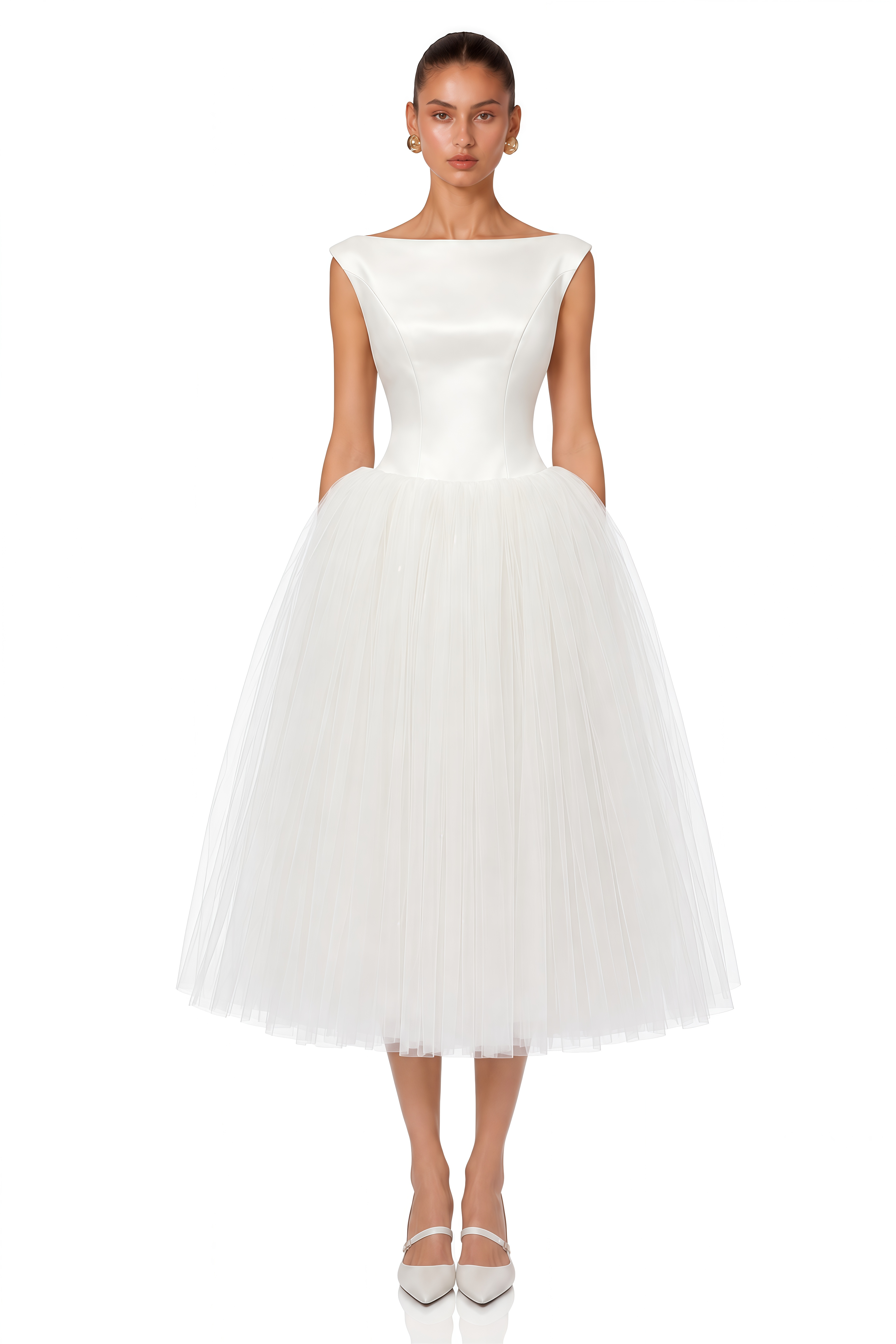 Salma White Pleated Flared Midi Dress