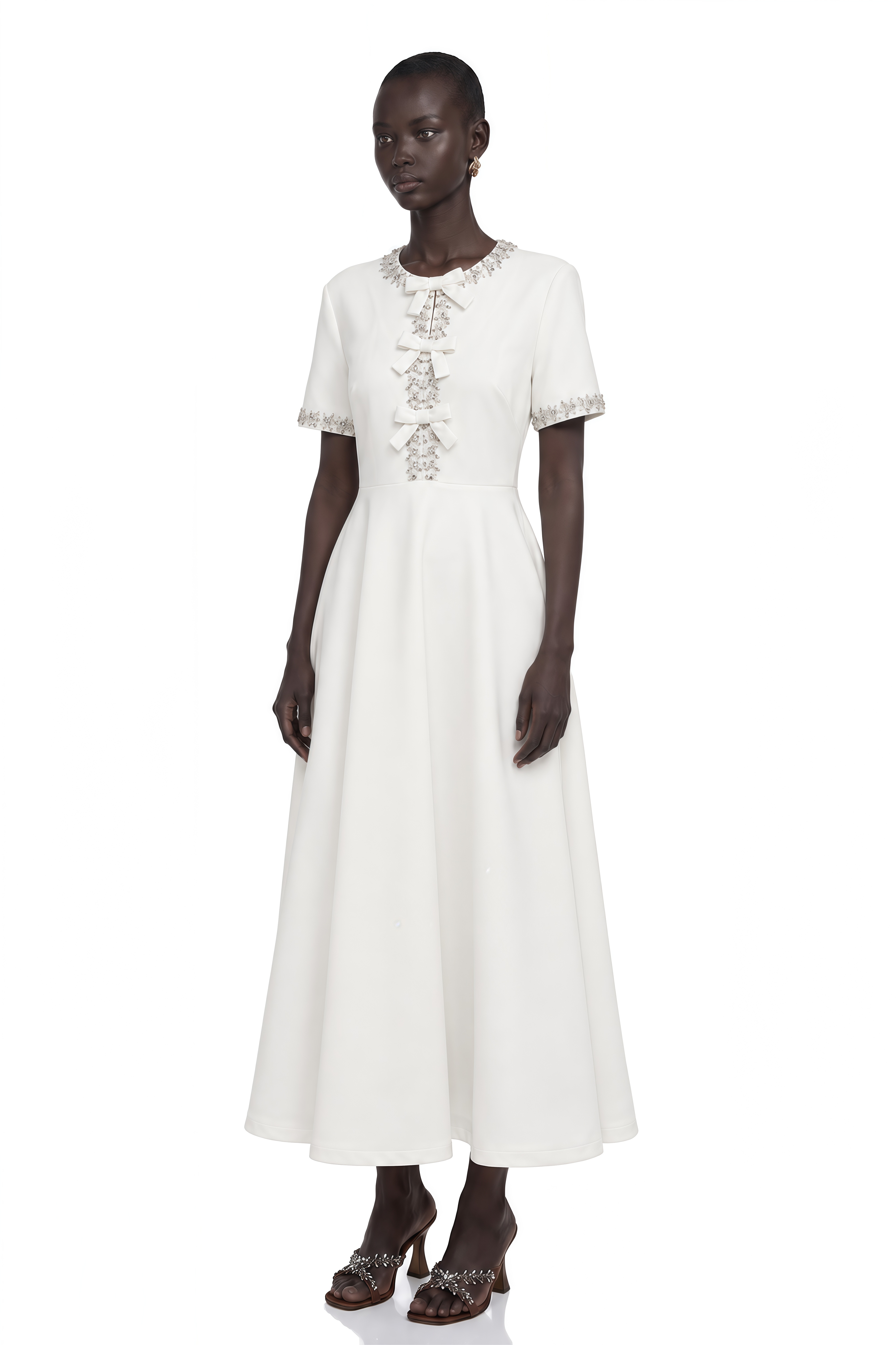 Cassiopeia Crystal-Accented Bow Midi Dress in White