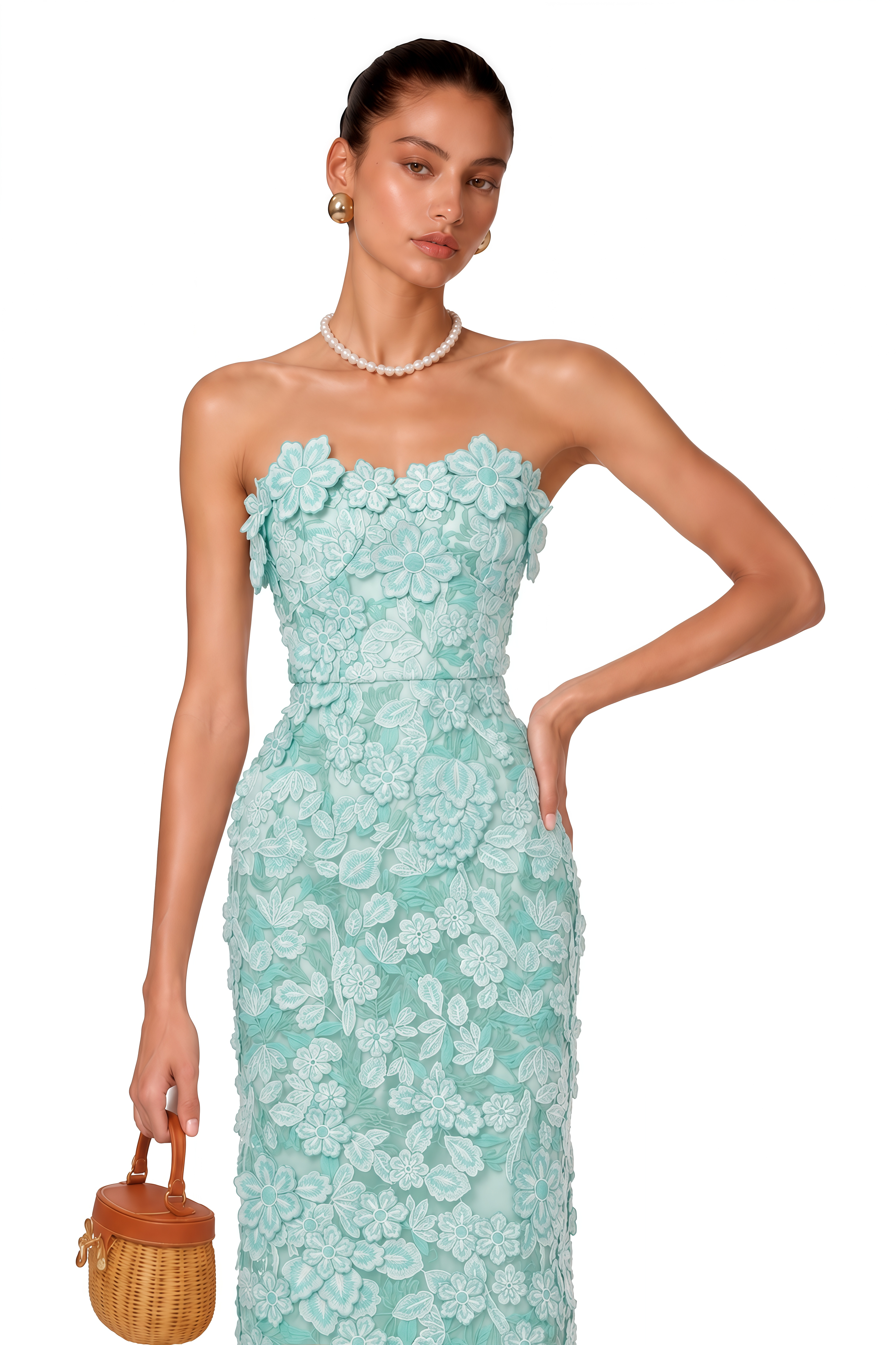 Duygu Green Off Shoulder Midi Dress with 3D Florals