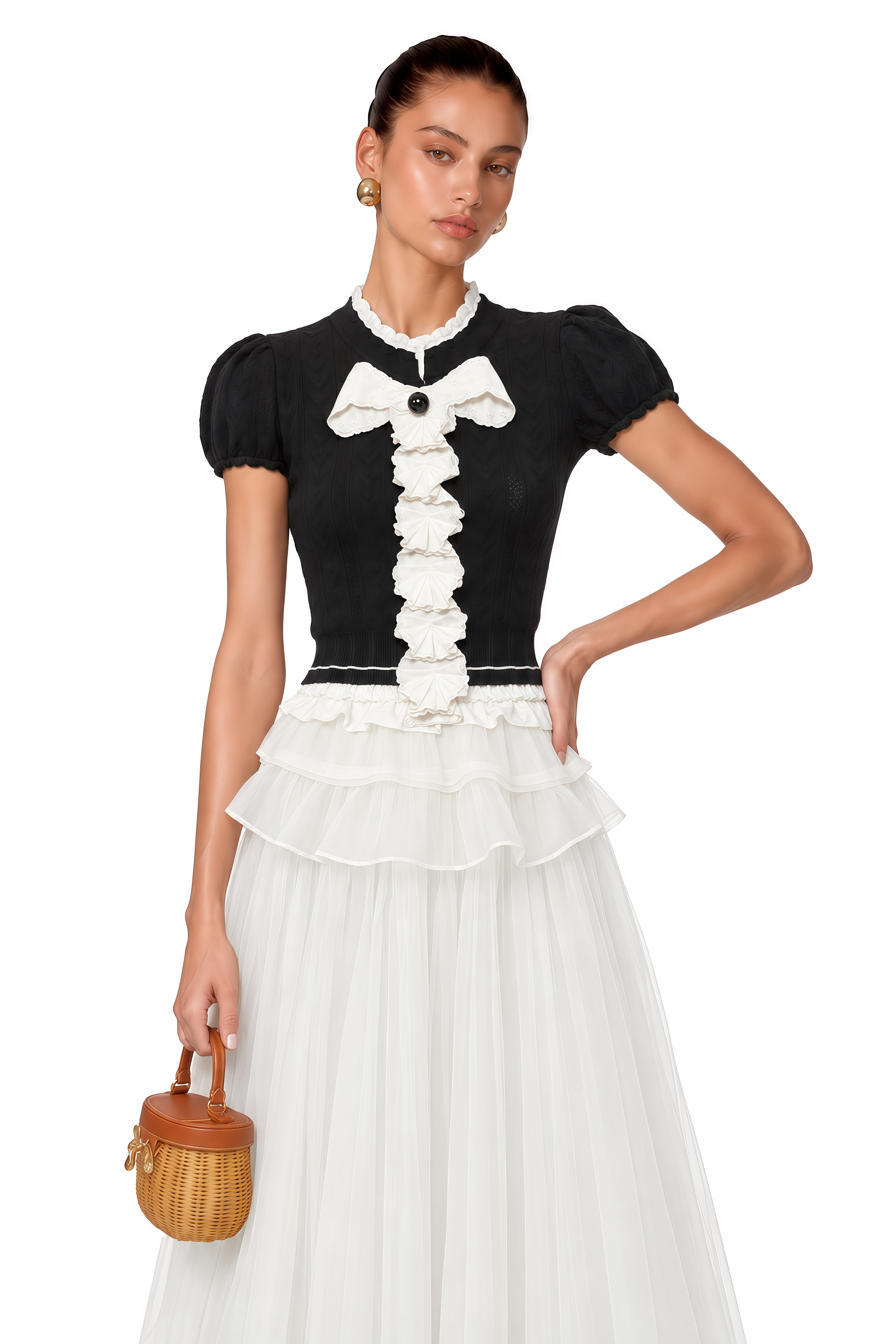 Scarlett Black Ruffled Knit Top with Bow & Skirt Set