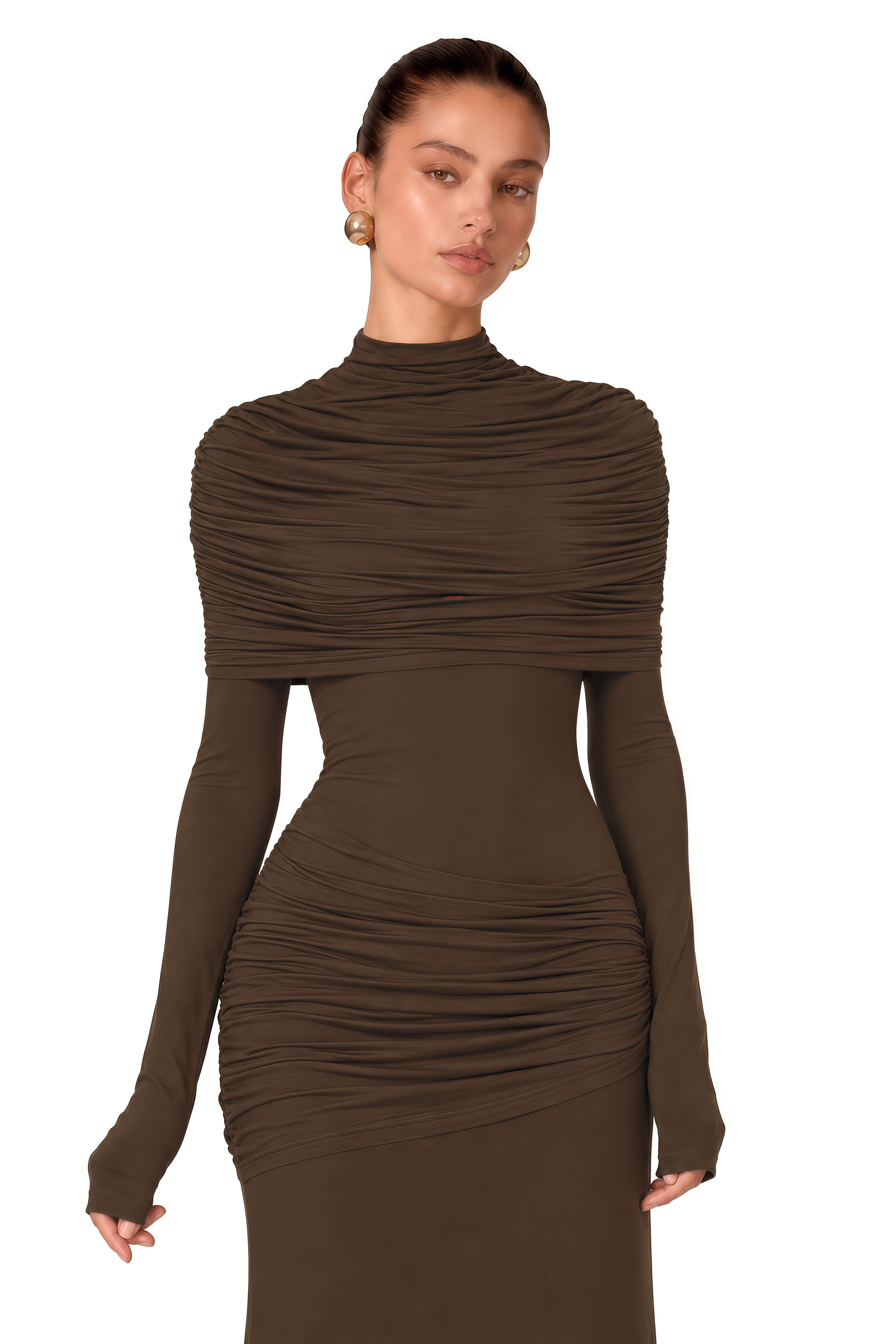 Éléna Brown Cape Design Ruched Maxi Dress