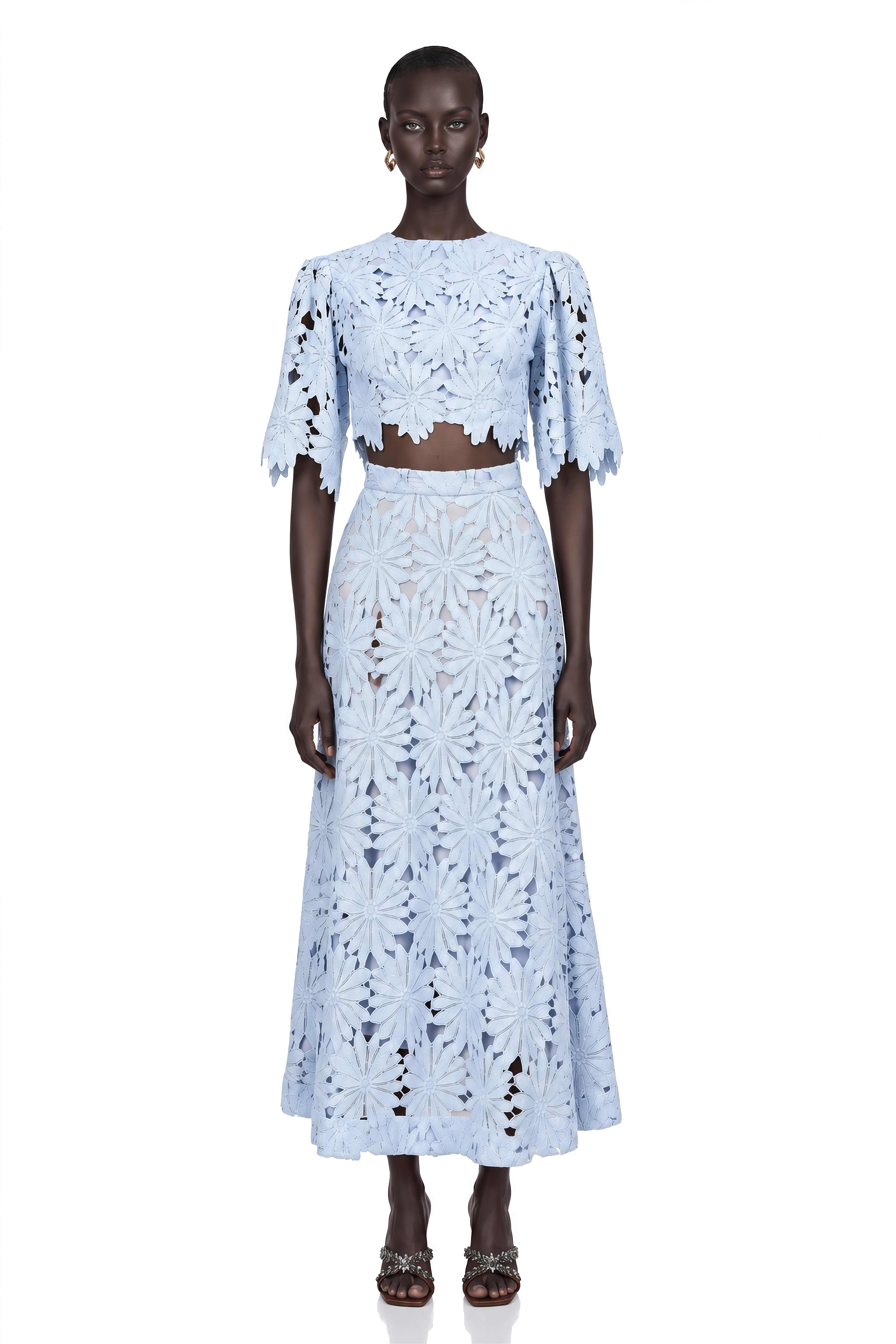 Audrey Blue Guipure Lace Top & Skirt Matching Set