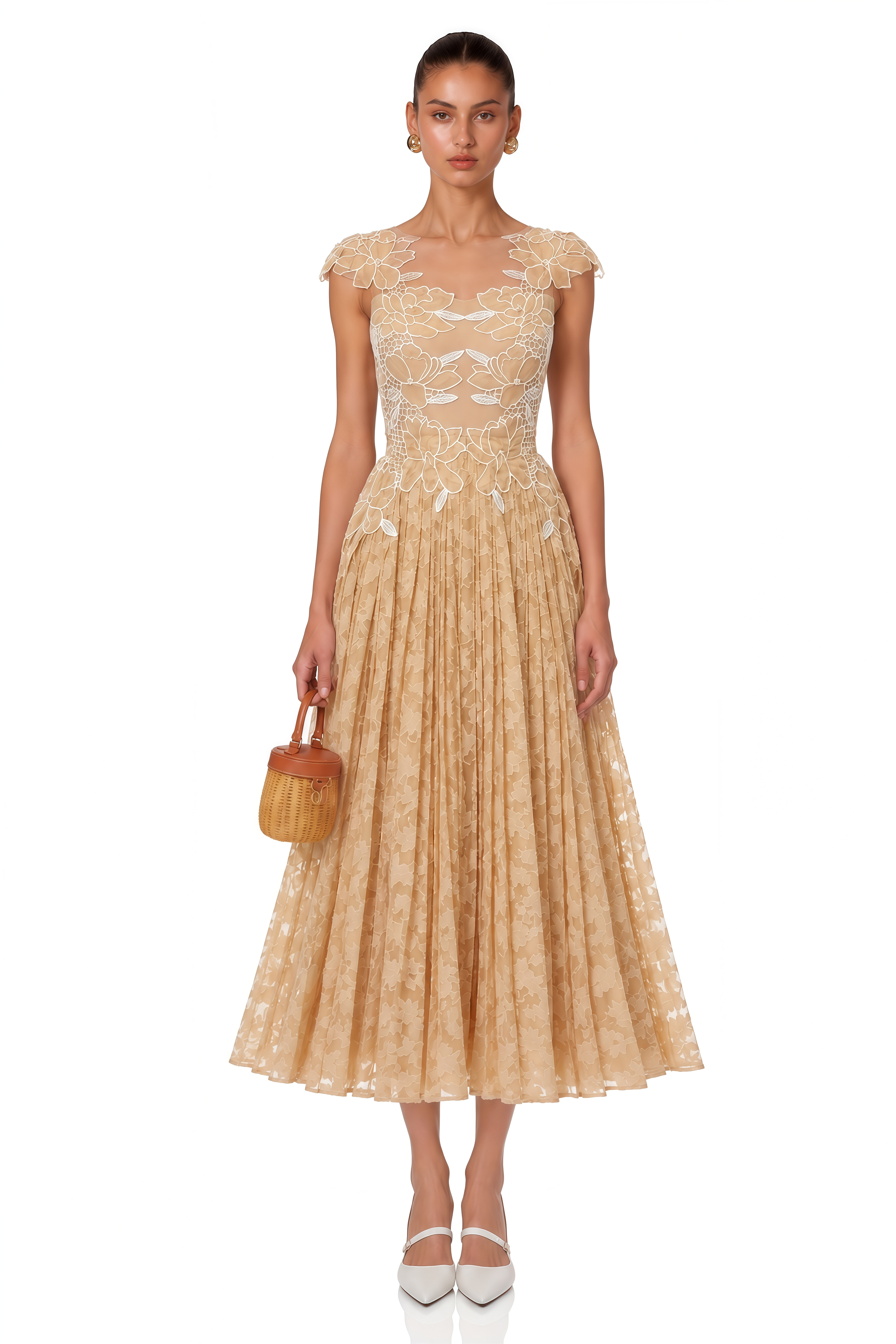 Vonda Neutral Floral Lace Pleated Midi Dress