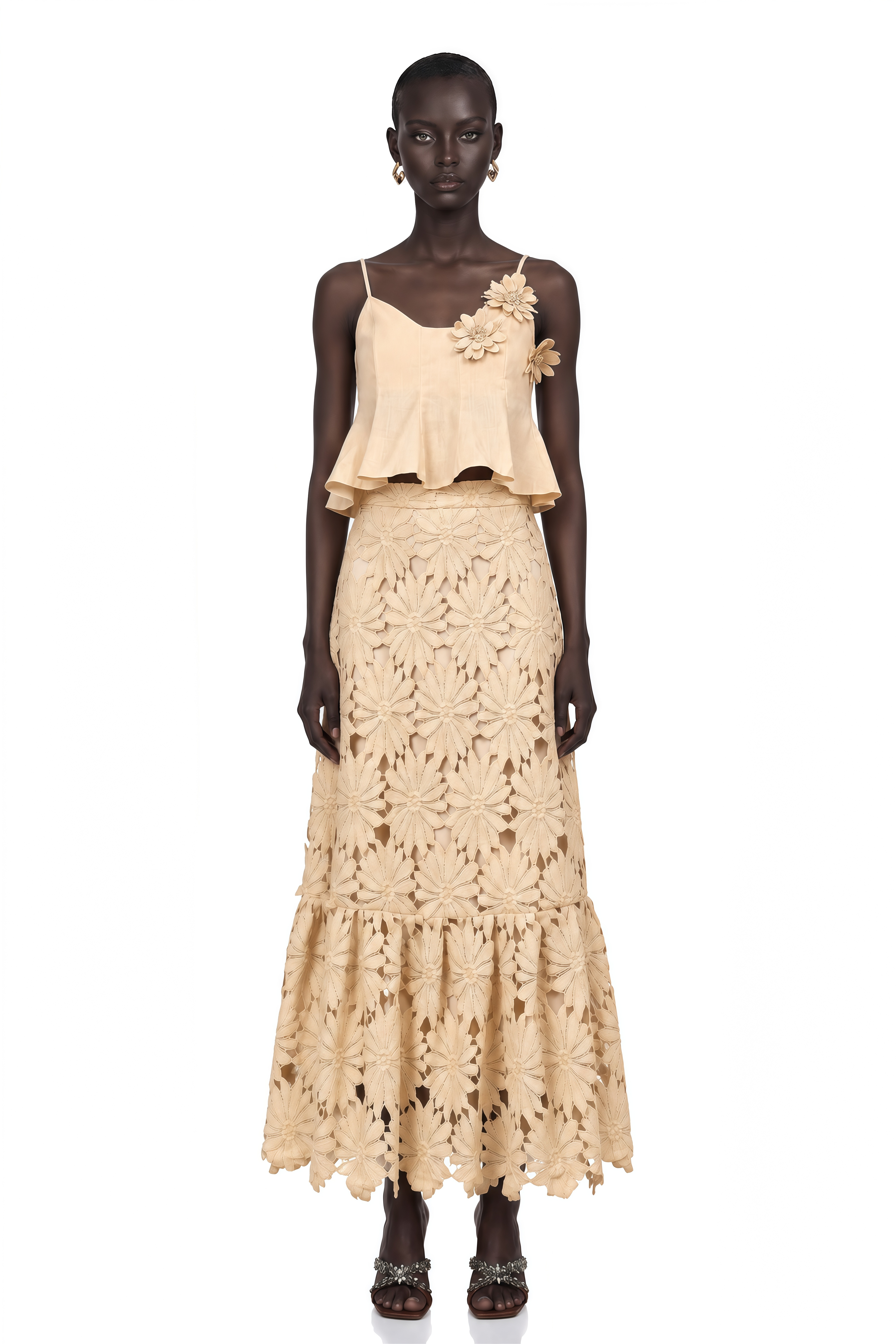 Céline Khaki Cut-Out Flared Top & Skirt Matching Set
