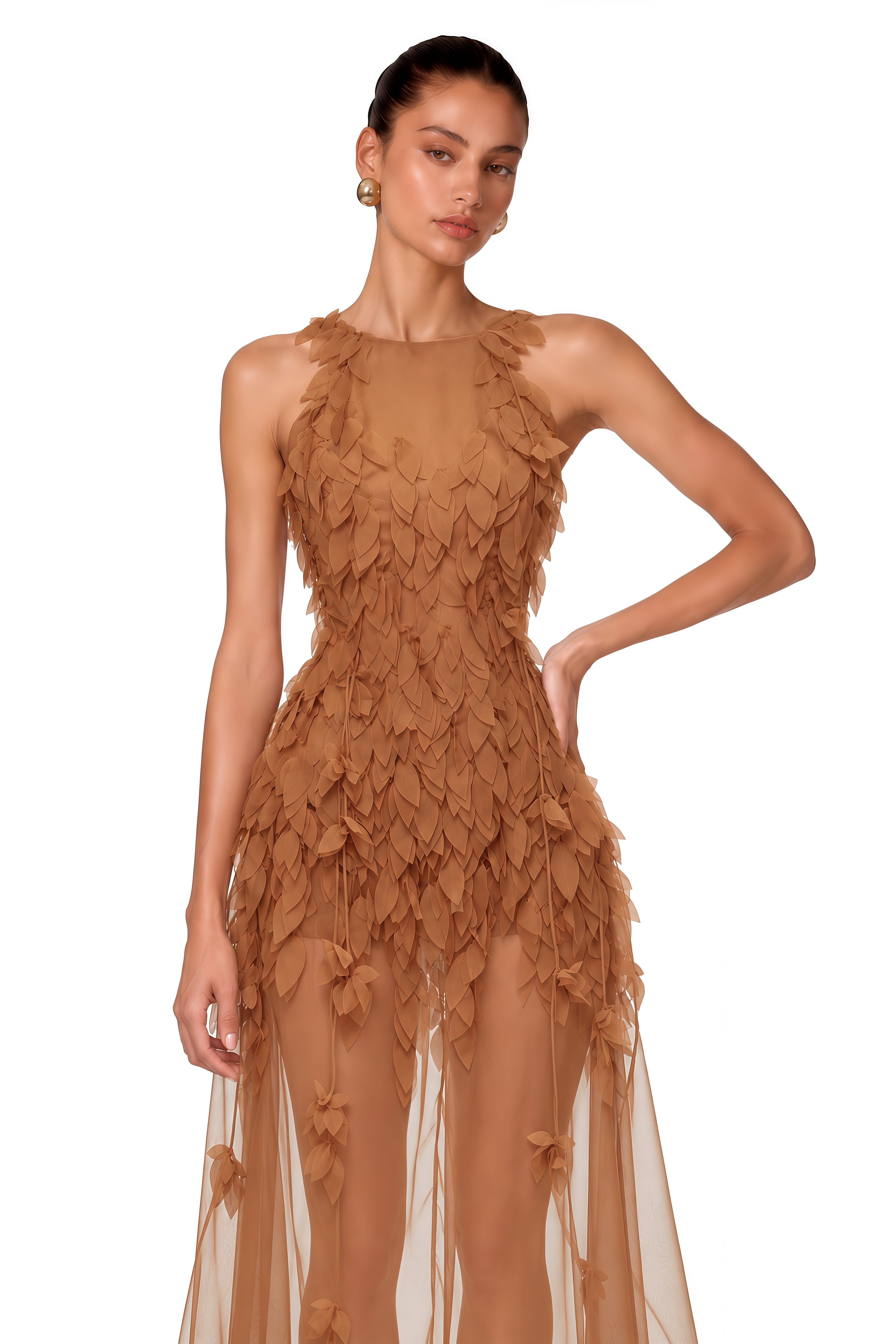 Sienna Khaki Halterneck Sheer Maxi Dress with Leaf Applique