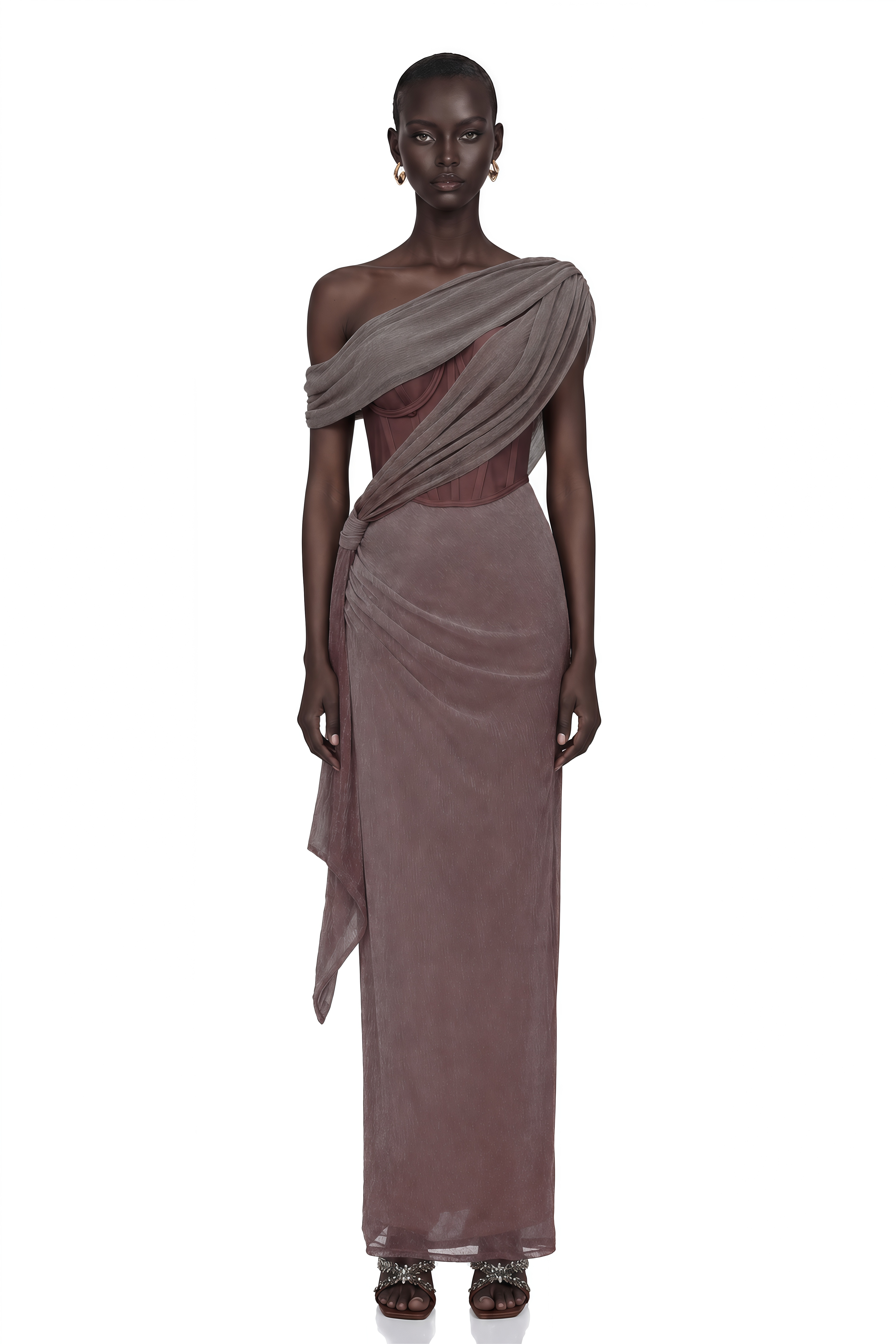 Delphine Ribbon-Design Corset Maxi Dress in Brown