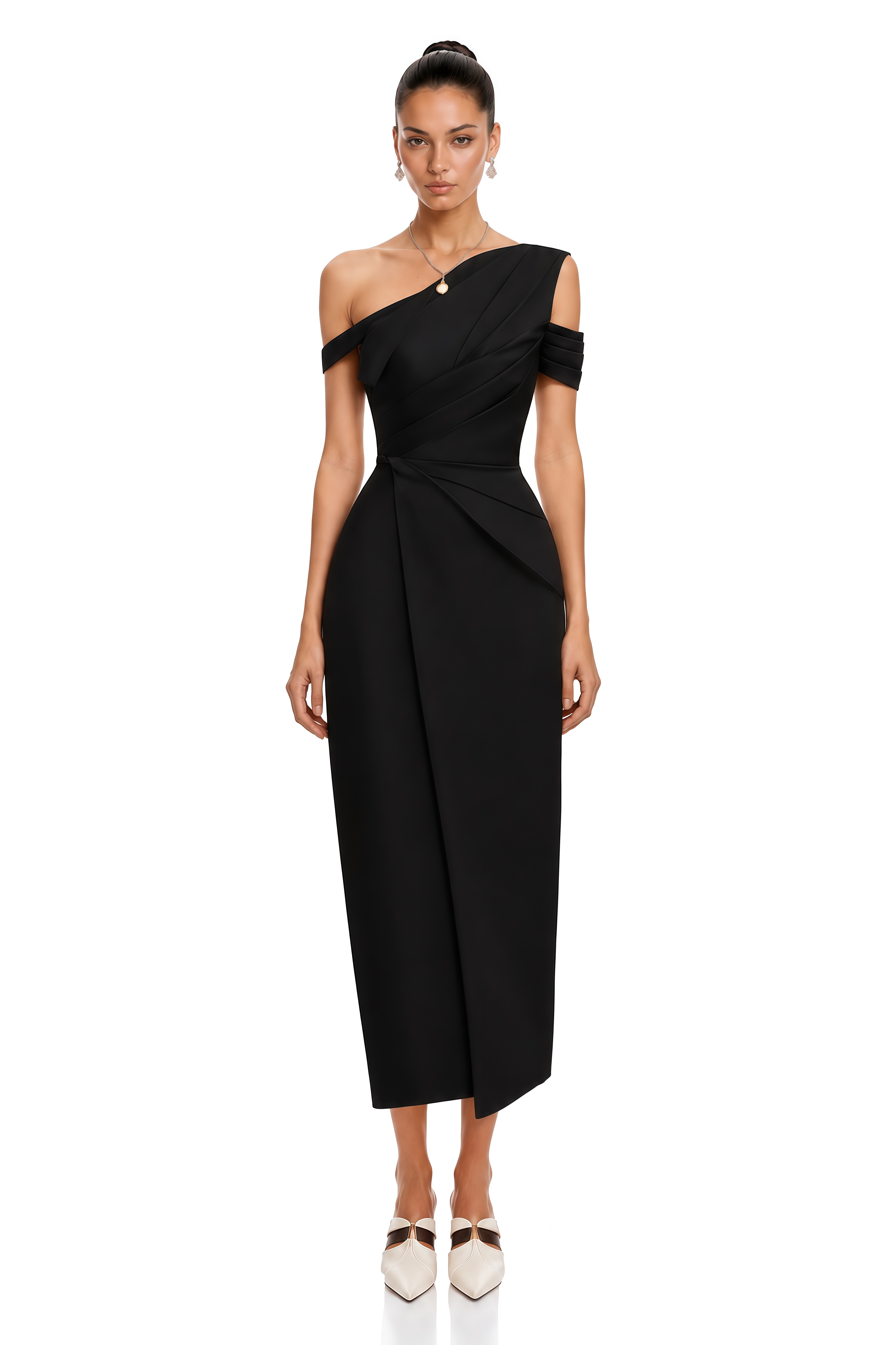 Amarante Black One Shoulder Asymmetrical Midi Dress