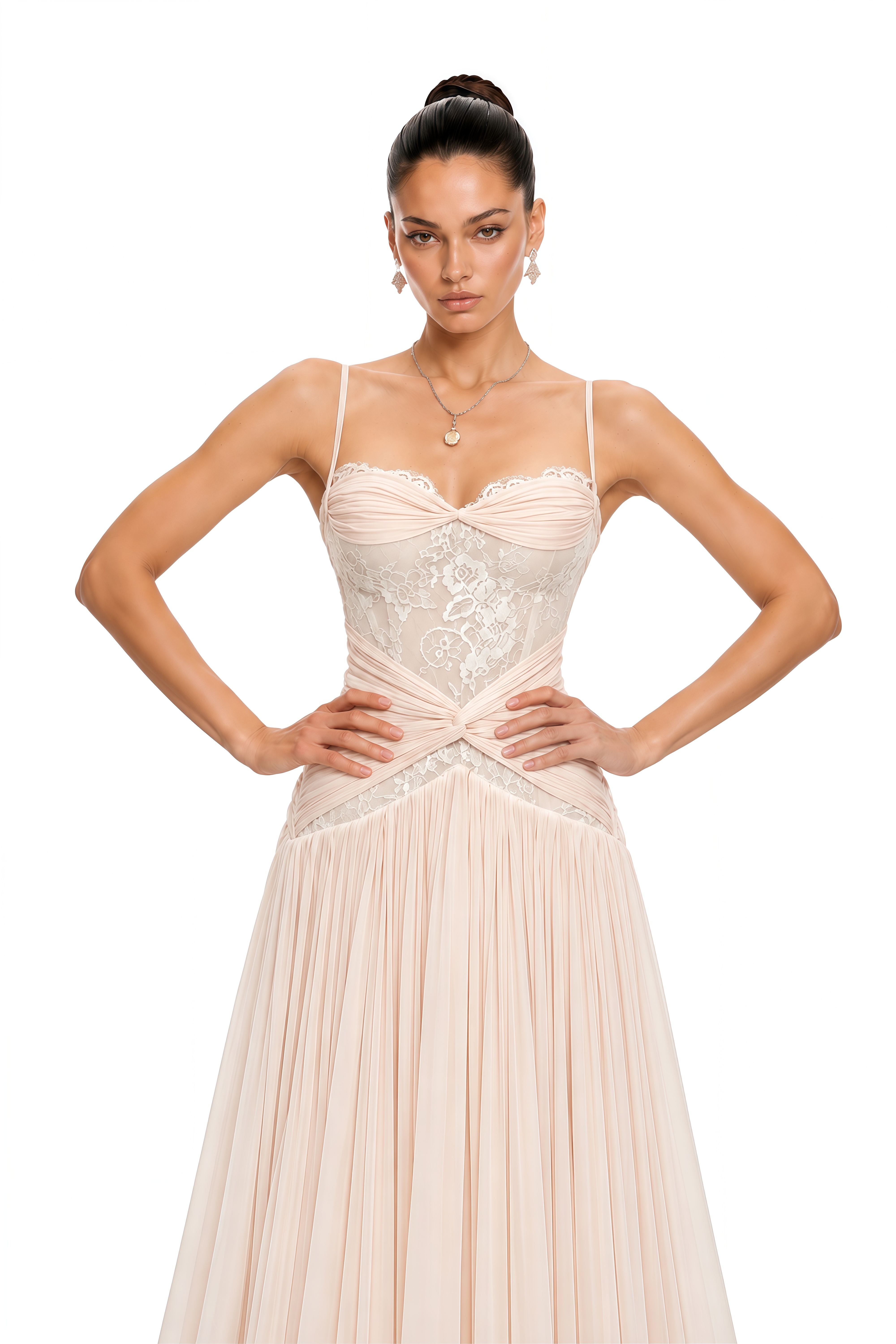 Brigitte Cream White Ruched Maxi Dress with Lace Panels